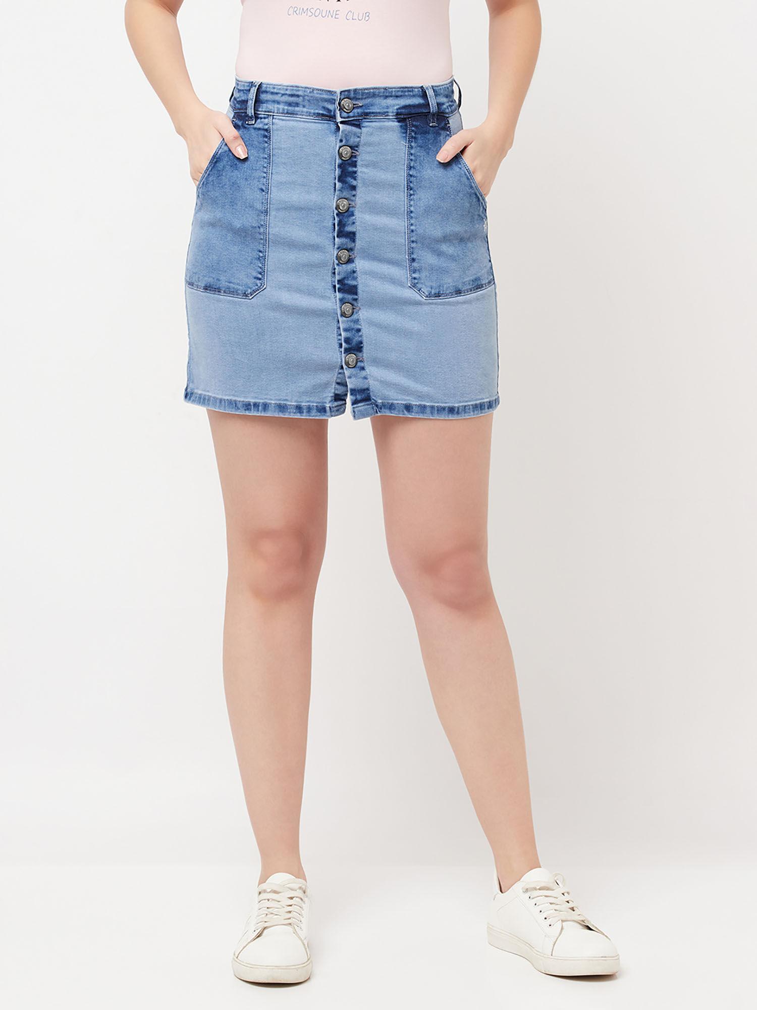 women blue solid washed mini denim skirt