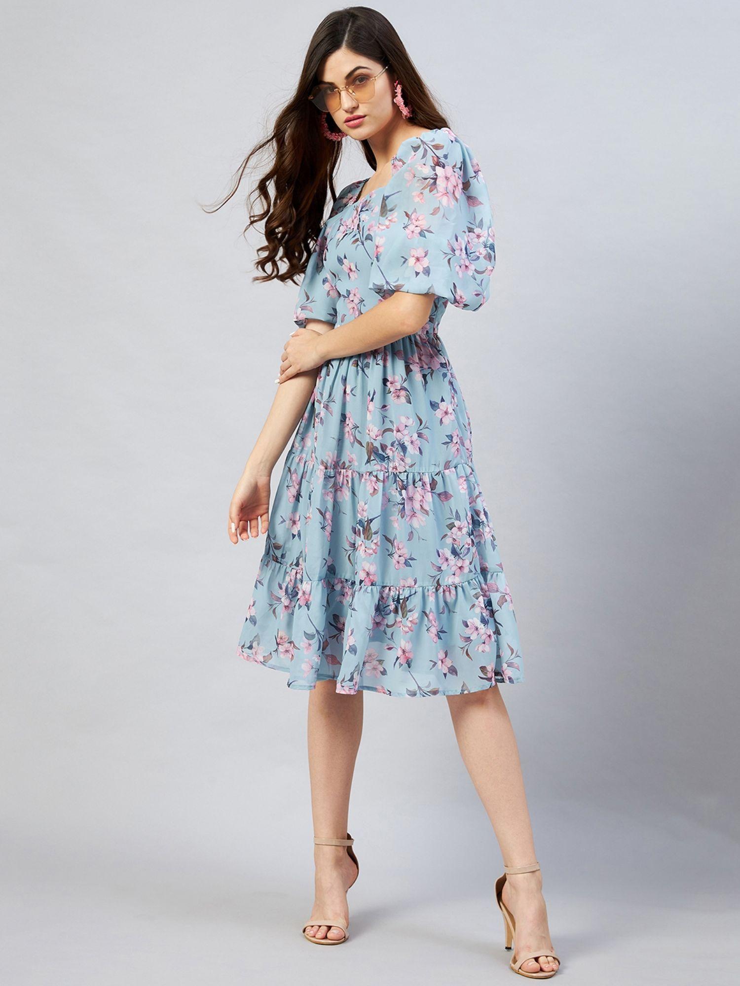 women blue square neck floral printed midi dress