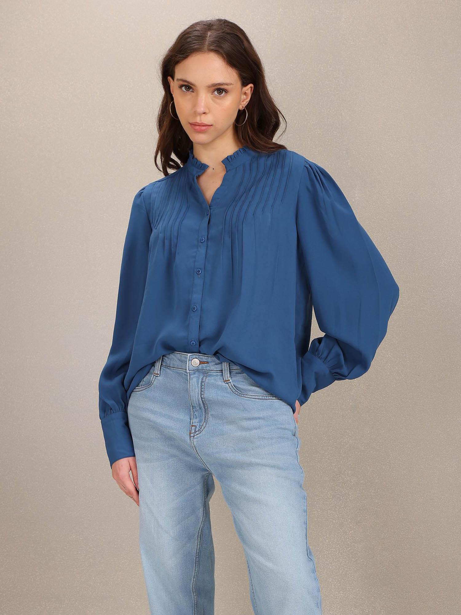 women blue stand collar pleated solid top