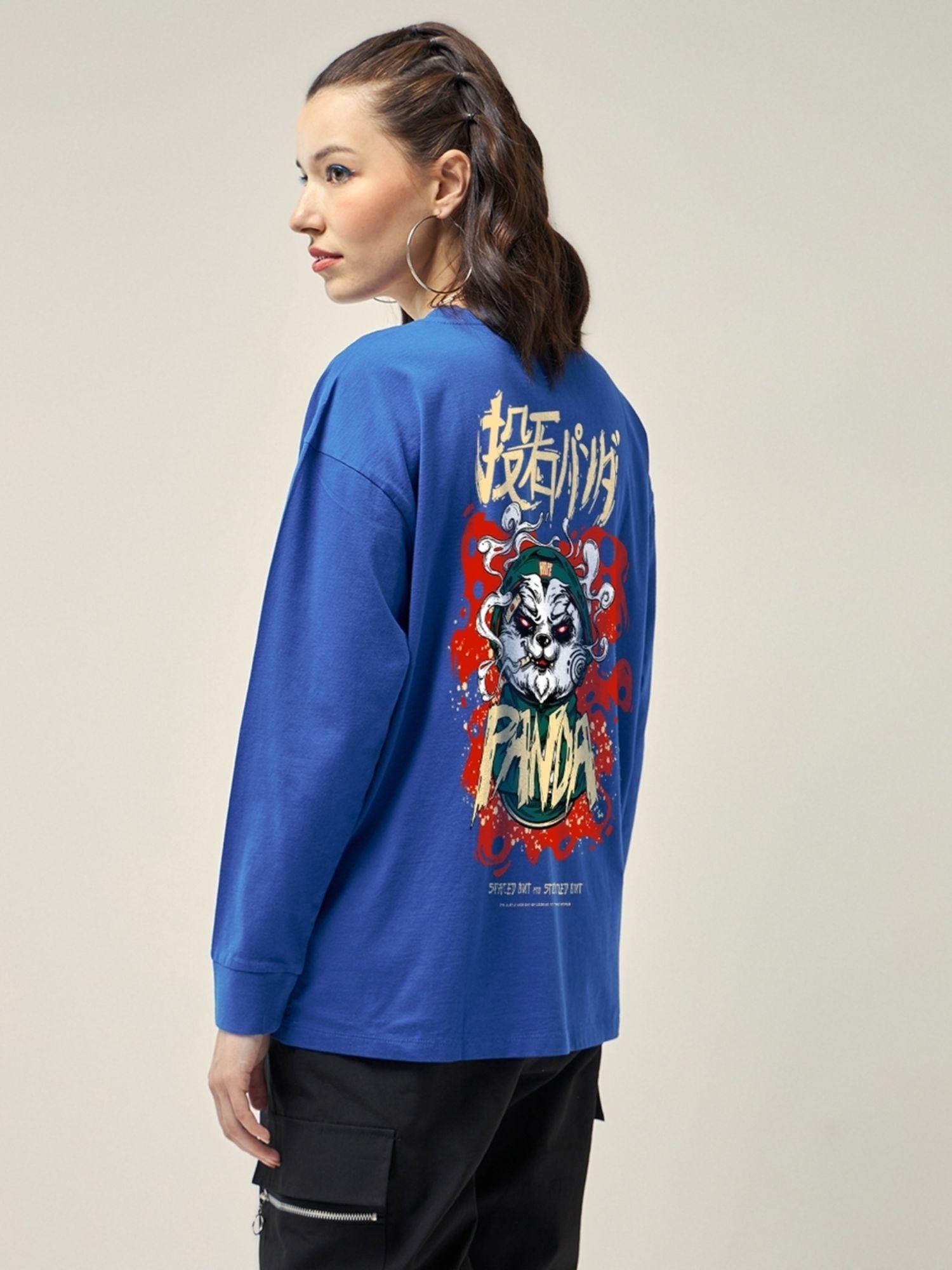 women blue stoned panda graphic printed t-shirt