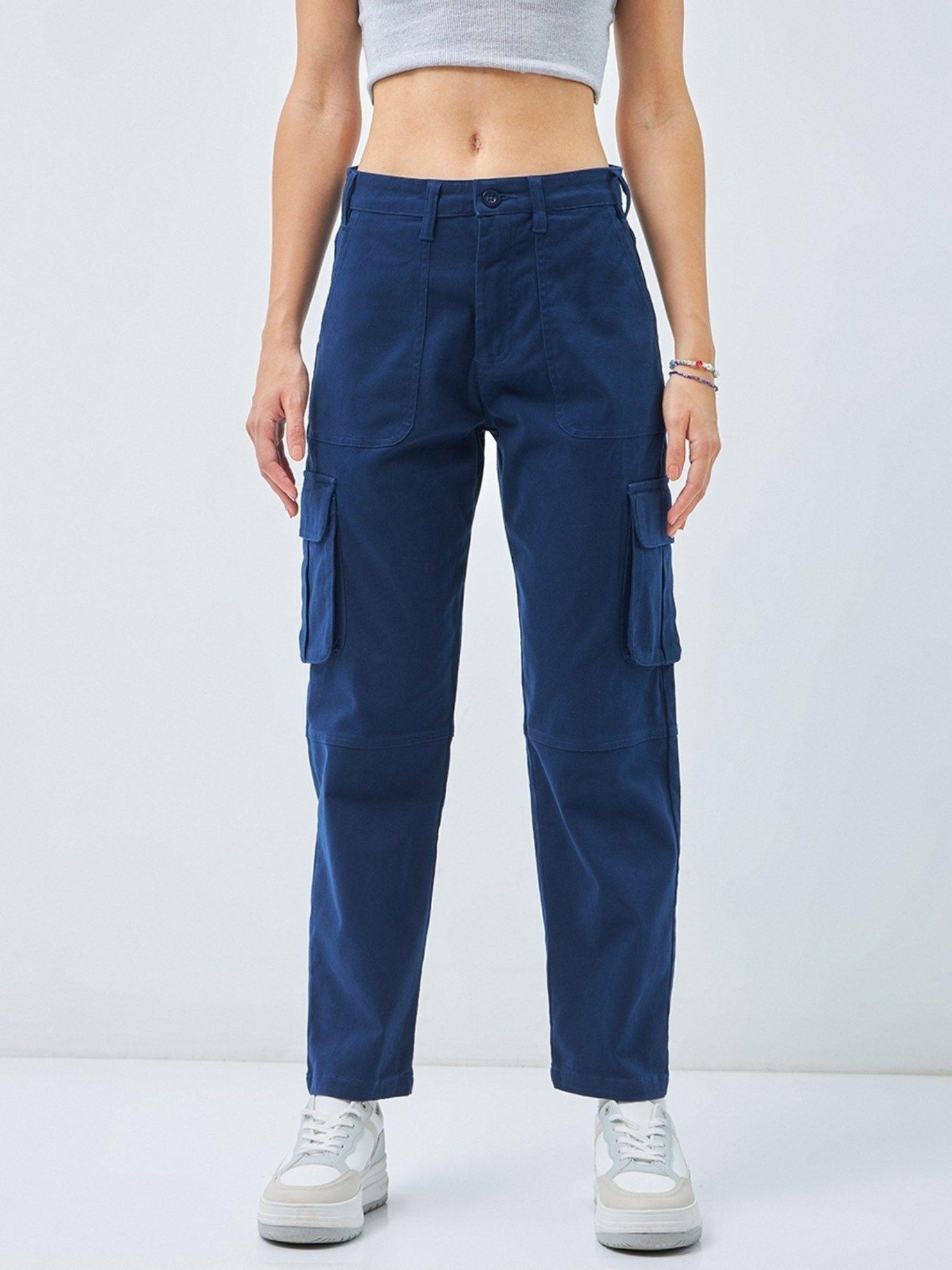 women blue straight cargo pant