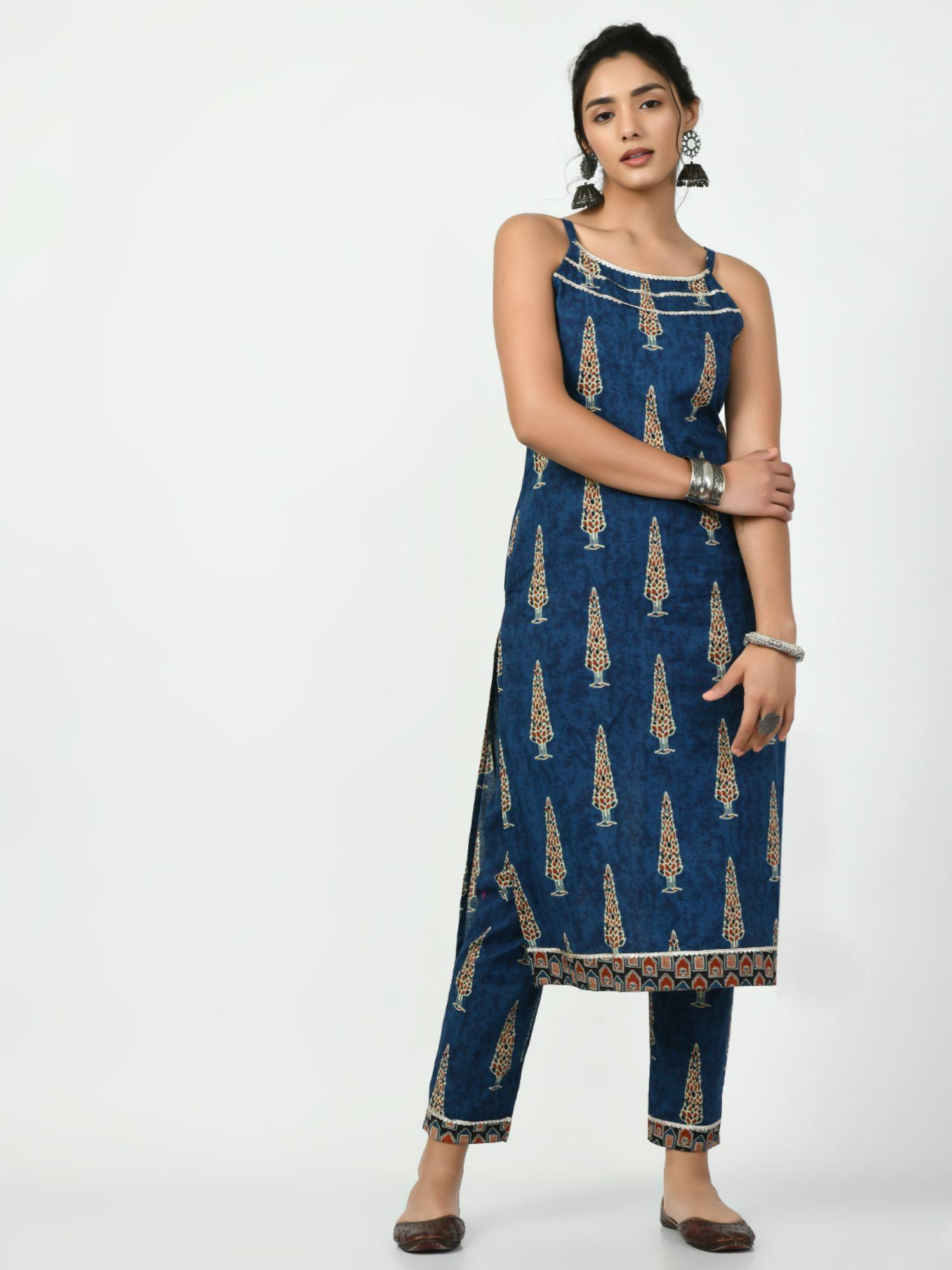 women blue straight printed kurta