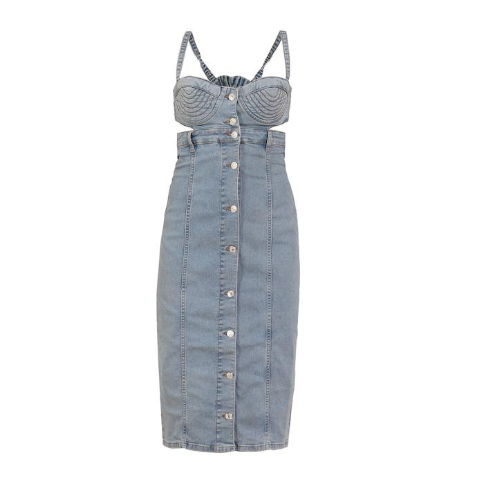 women blue strappy cut-out fitted denim dress