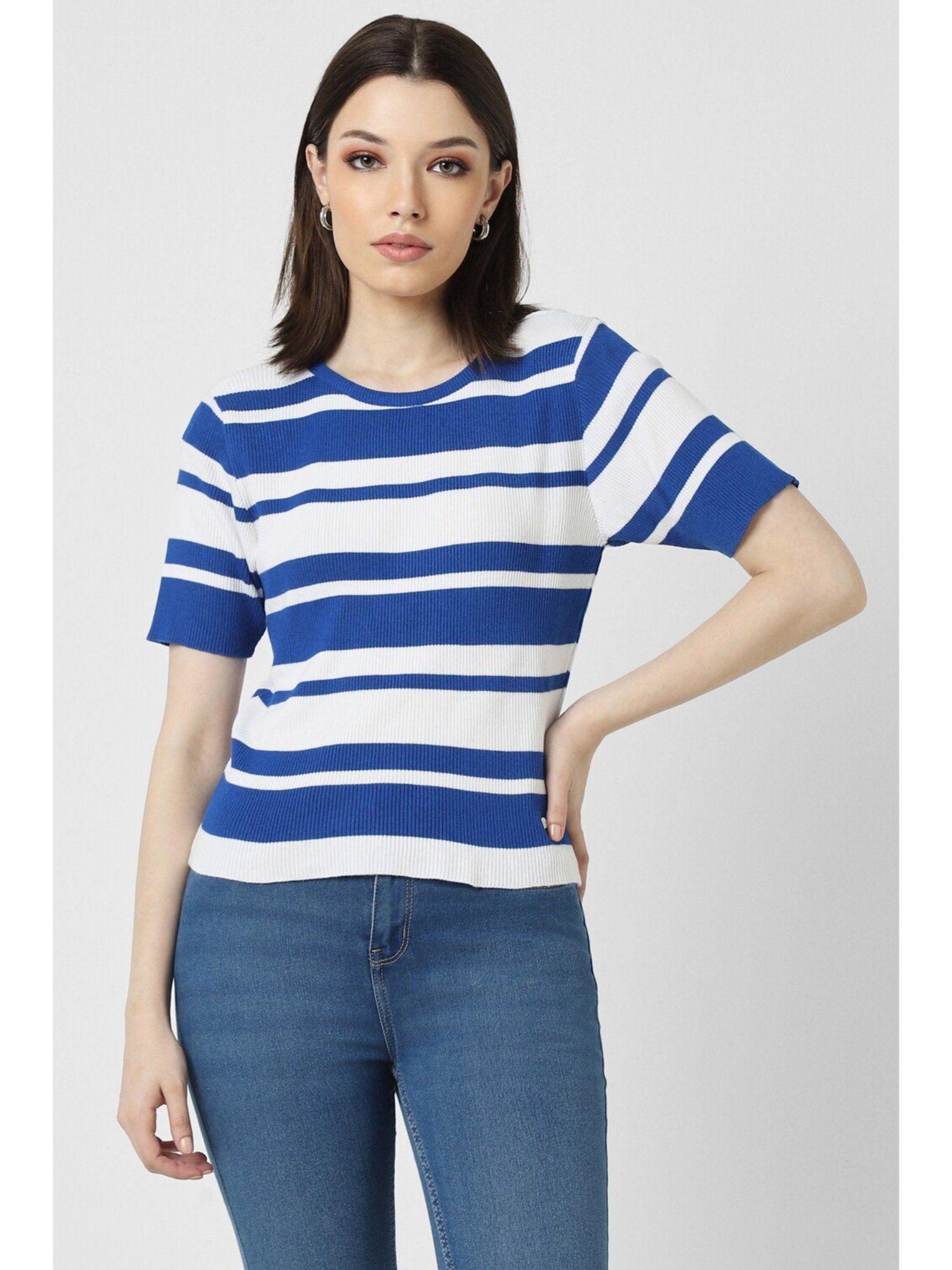 women blue stripe formal round neck t-shirt