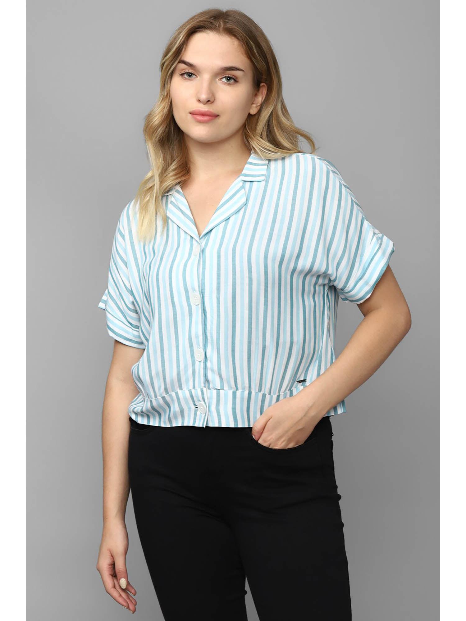 women blue stripe short sleeves shirt