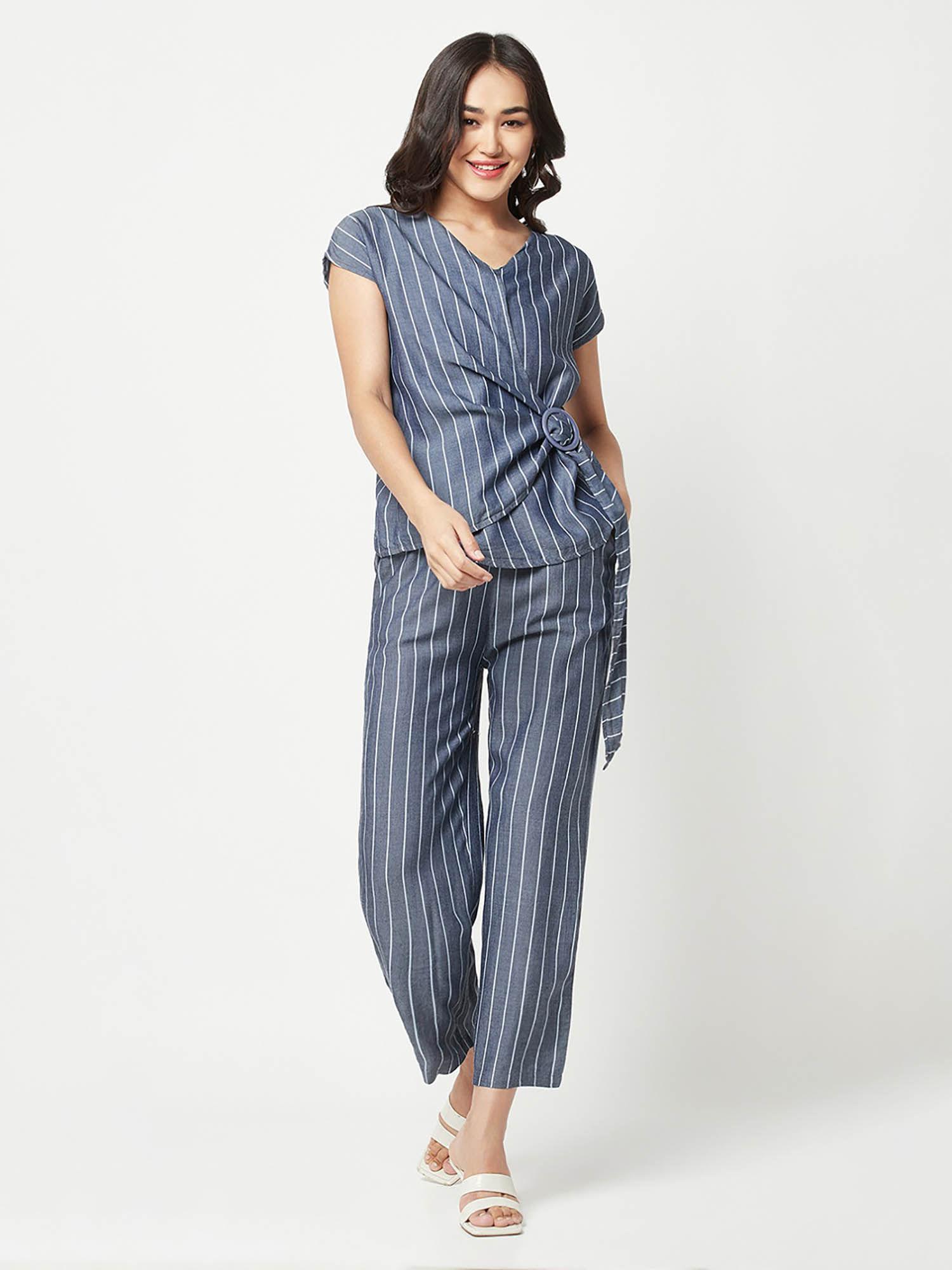 women blue striped co-ord (set of 2)