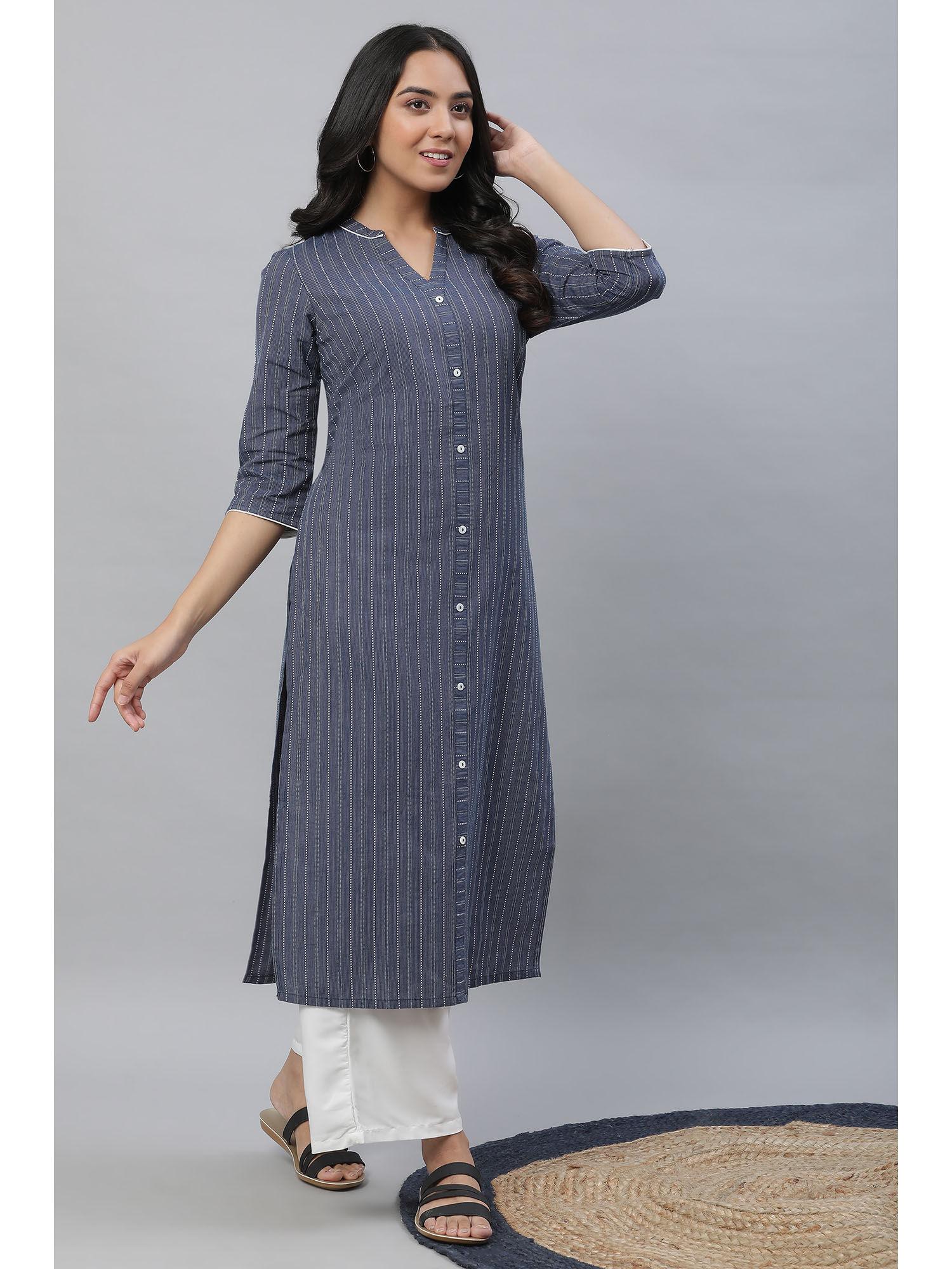 women blue striped cotton kurta