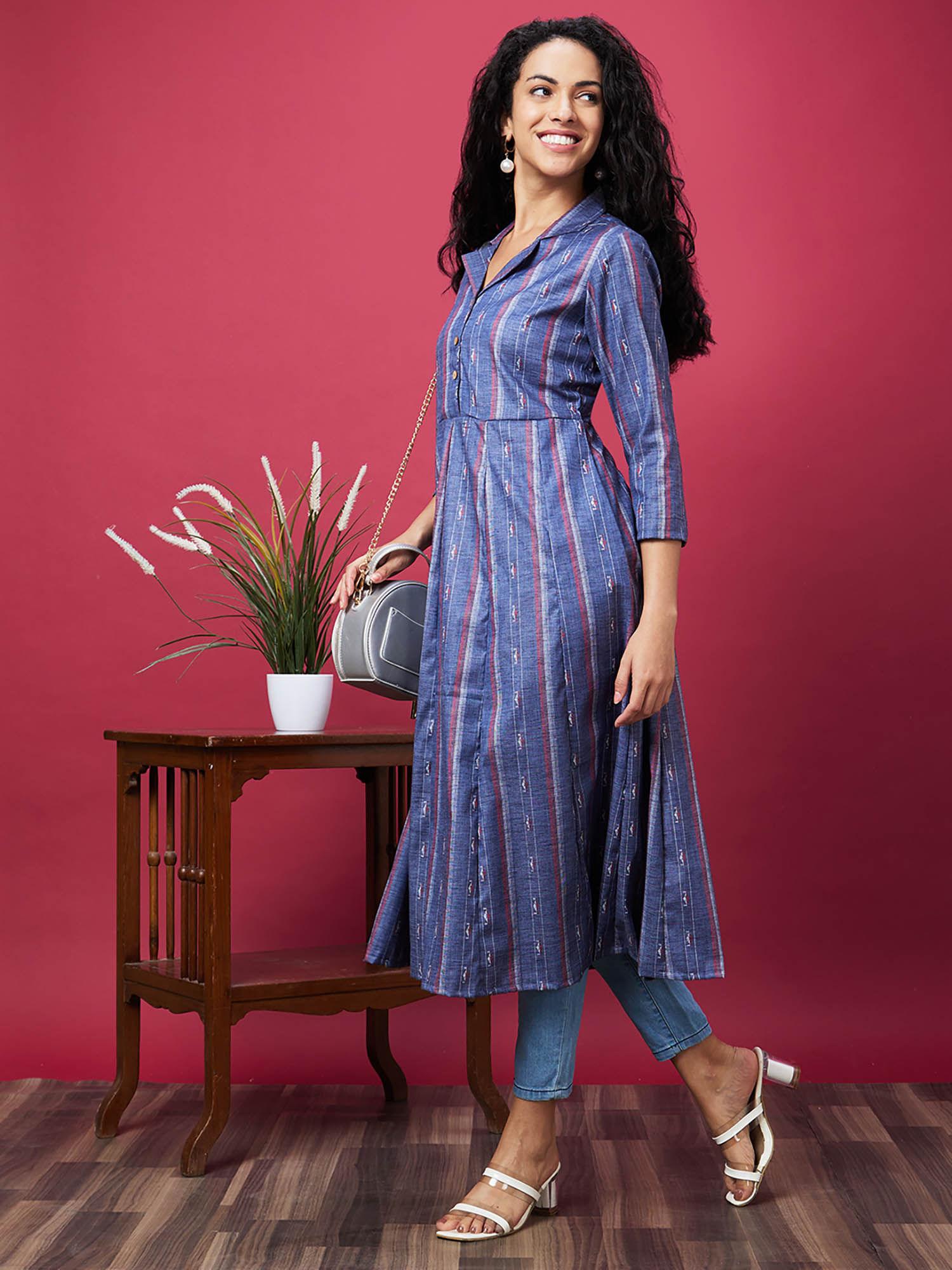 women blue striped cuban collar flared hem panelled a-line kurta