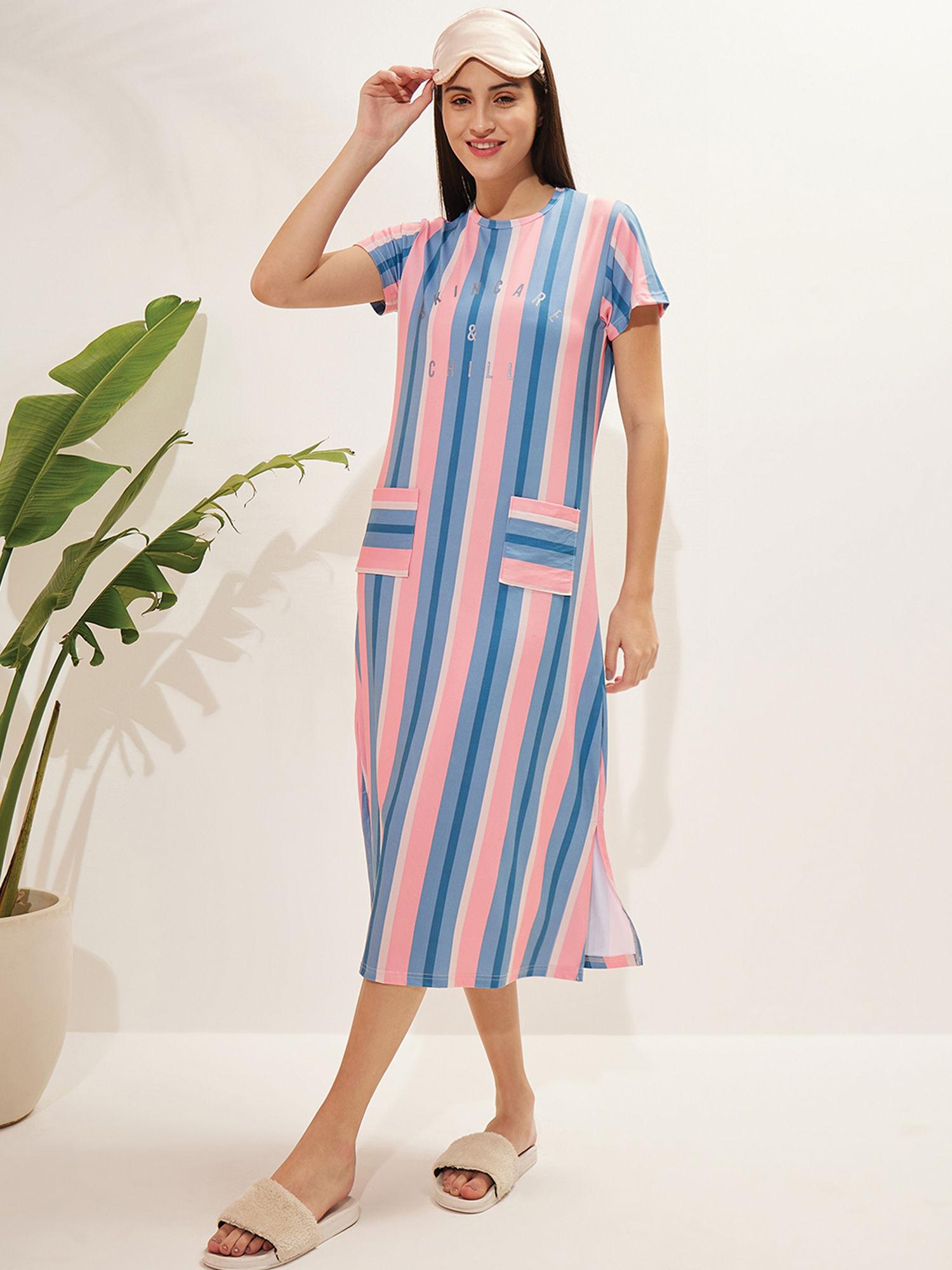 women blue striped half sleeves night dress