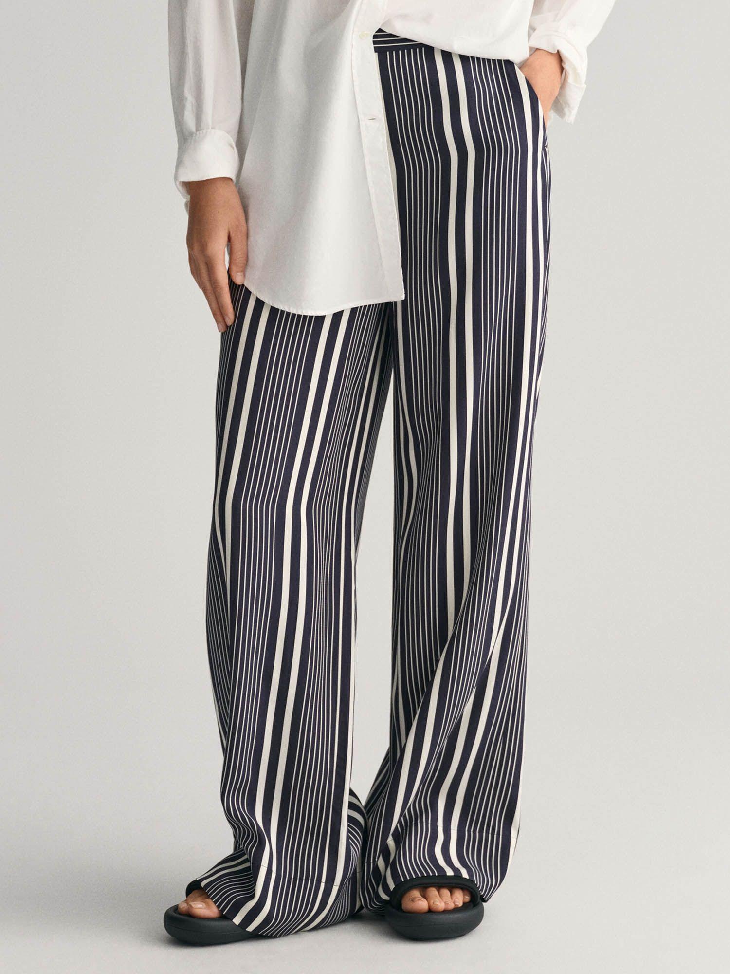 women blue striped mid-rise regular fit parallel trouser