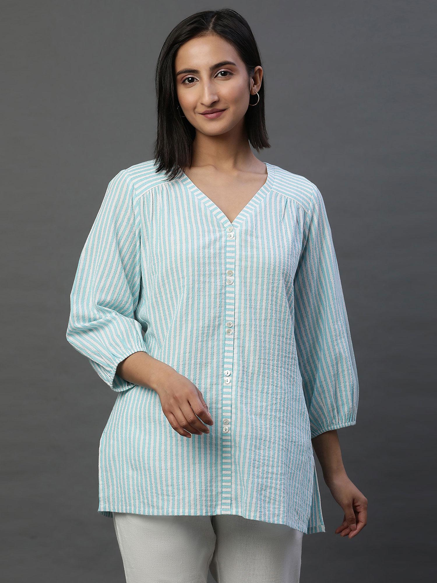 women blue stripes cotton kurti