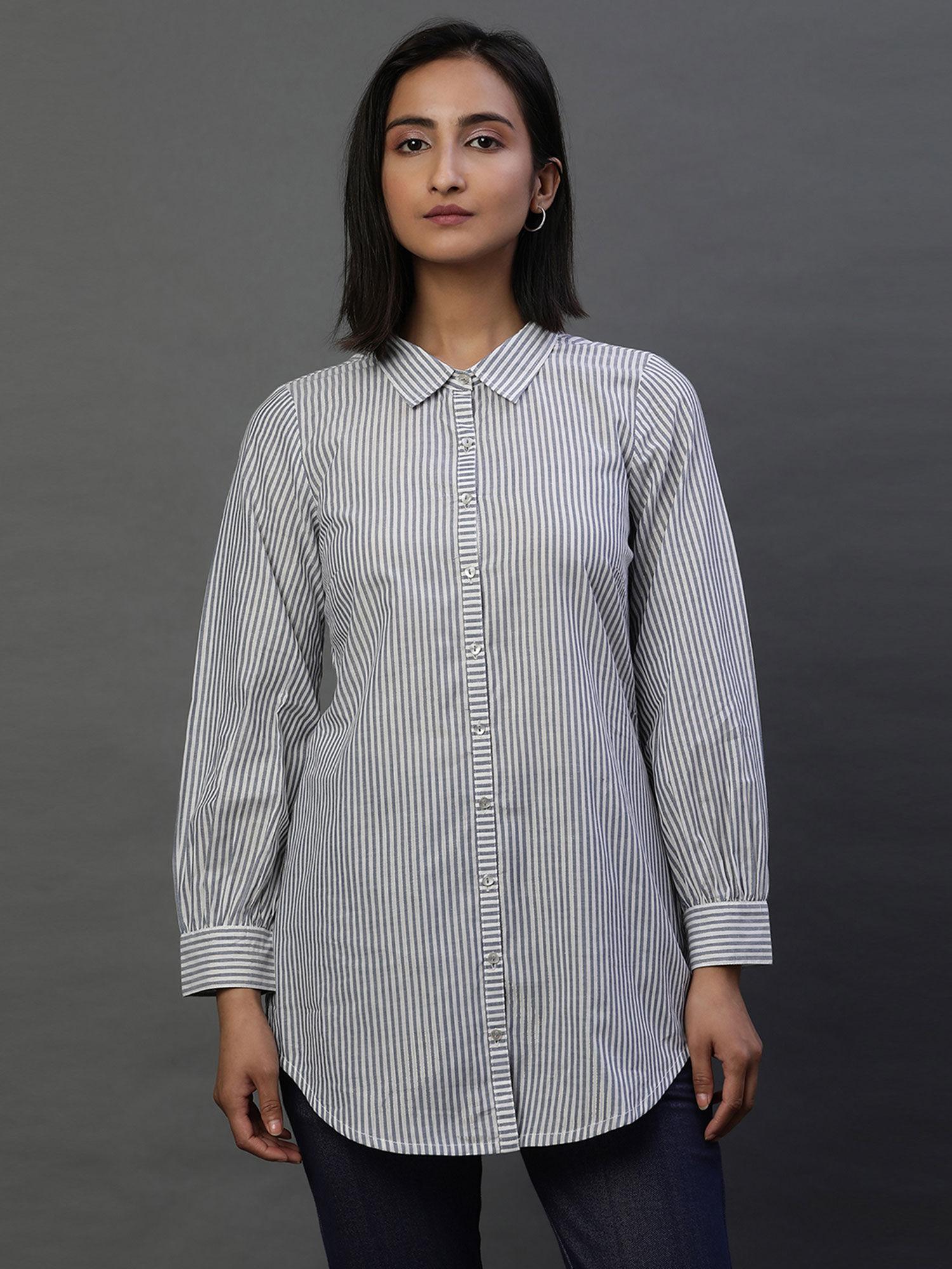 women blue stripes cotton shirt