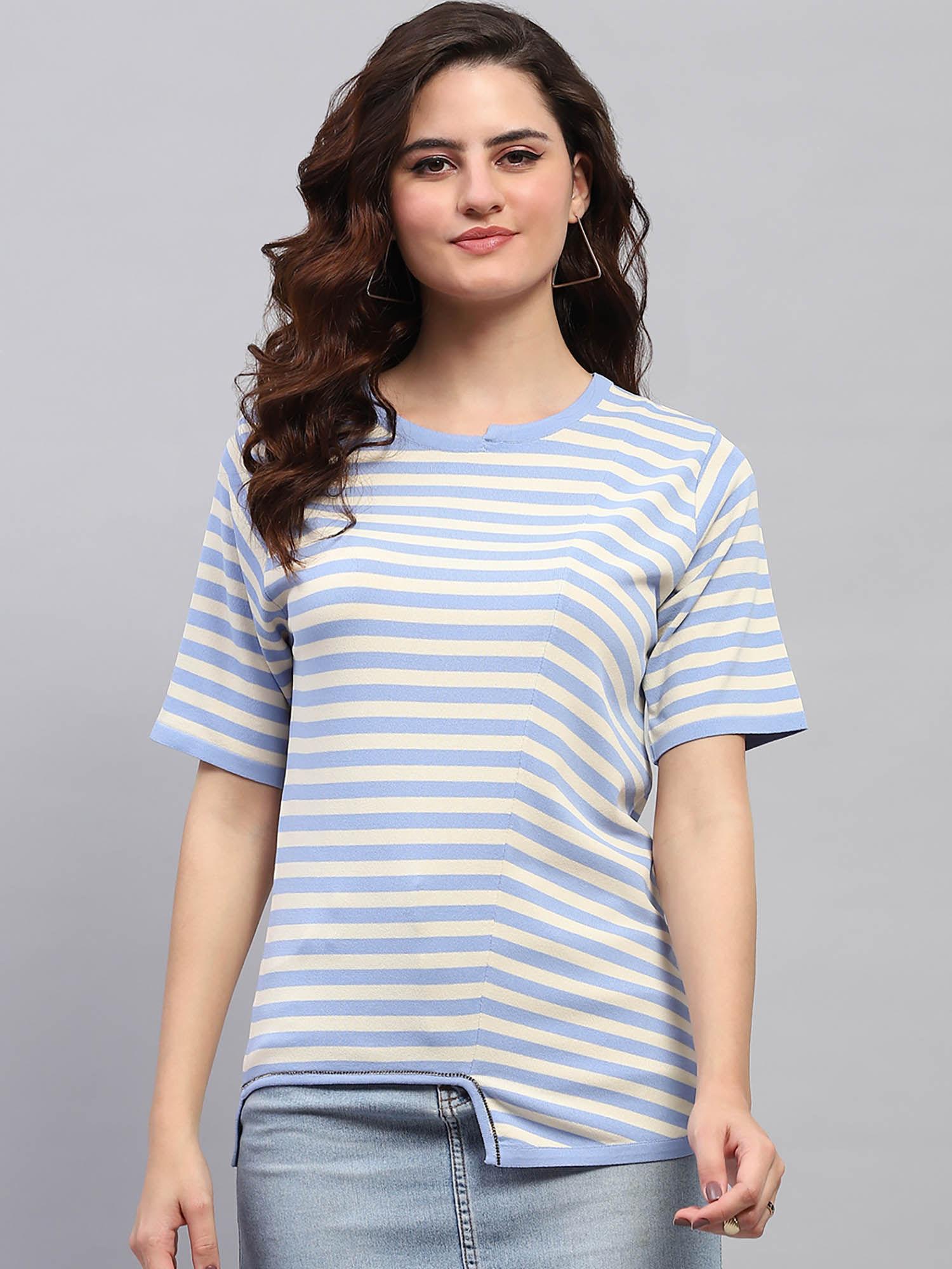 women blue stripes half sleeves round neck top