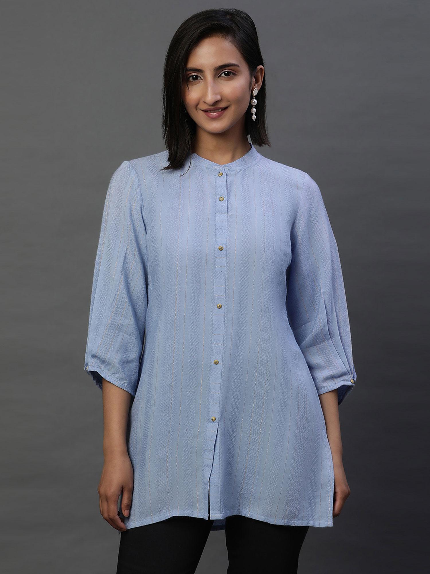 women blue stripes rayon kurti