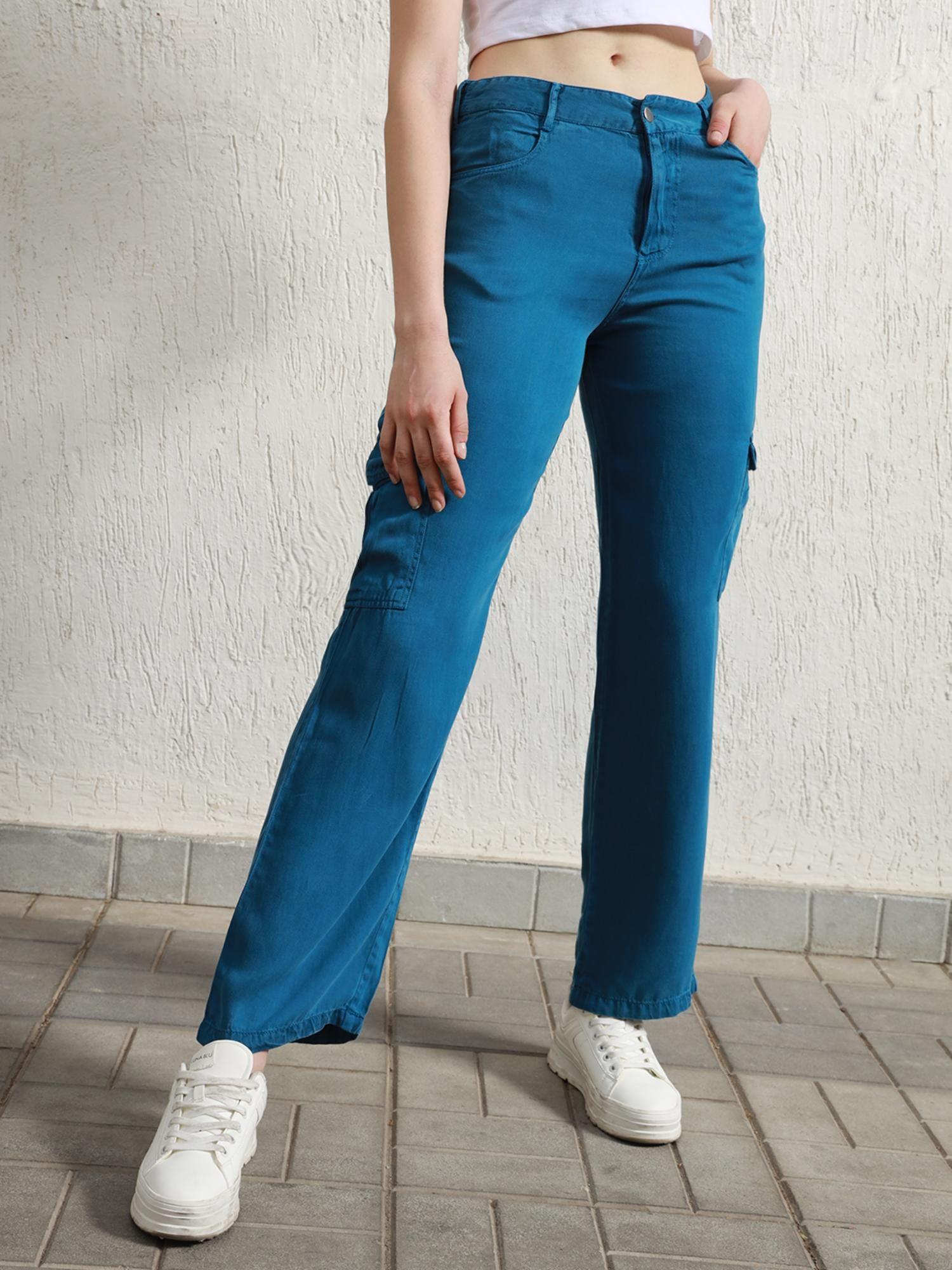 women blue summer cotton regular fit high rise pant