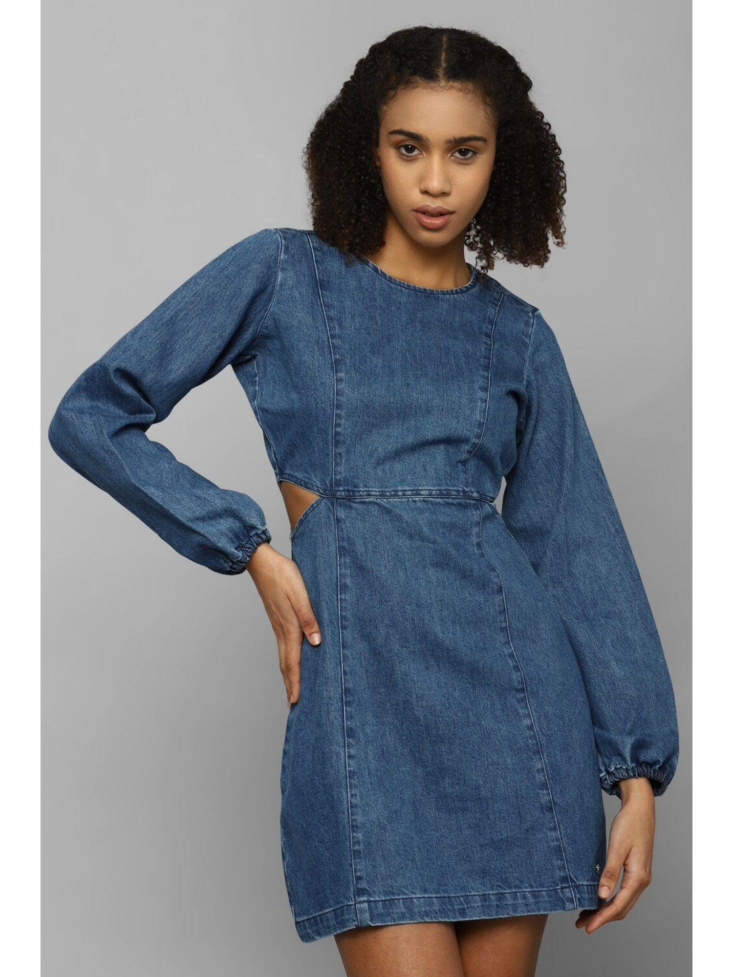 women blue textured casual dress