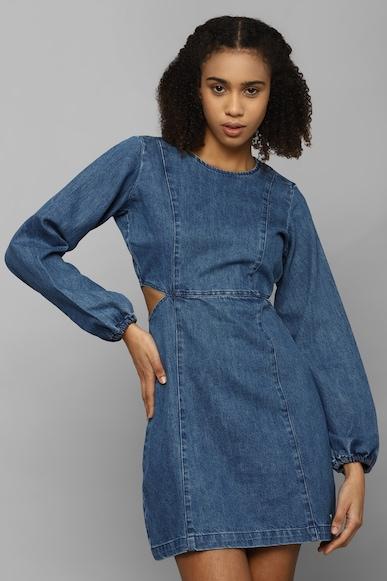 women blue textured casual dress