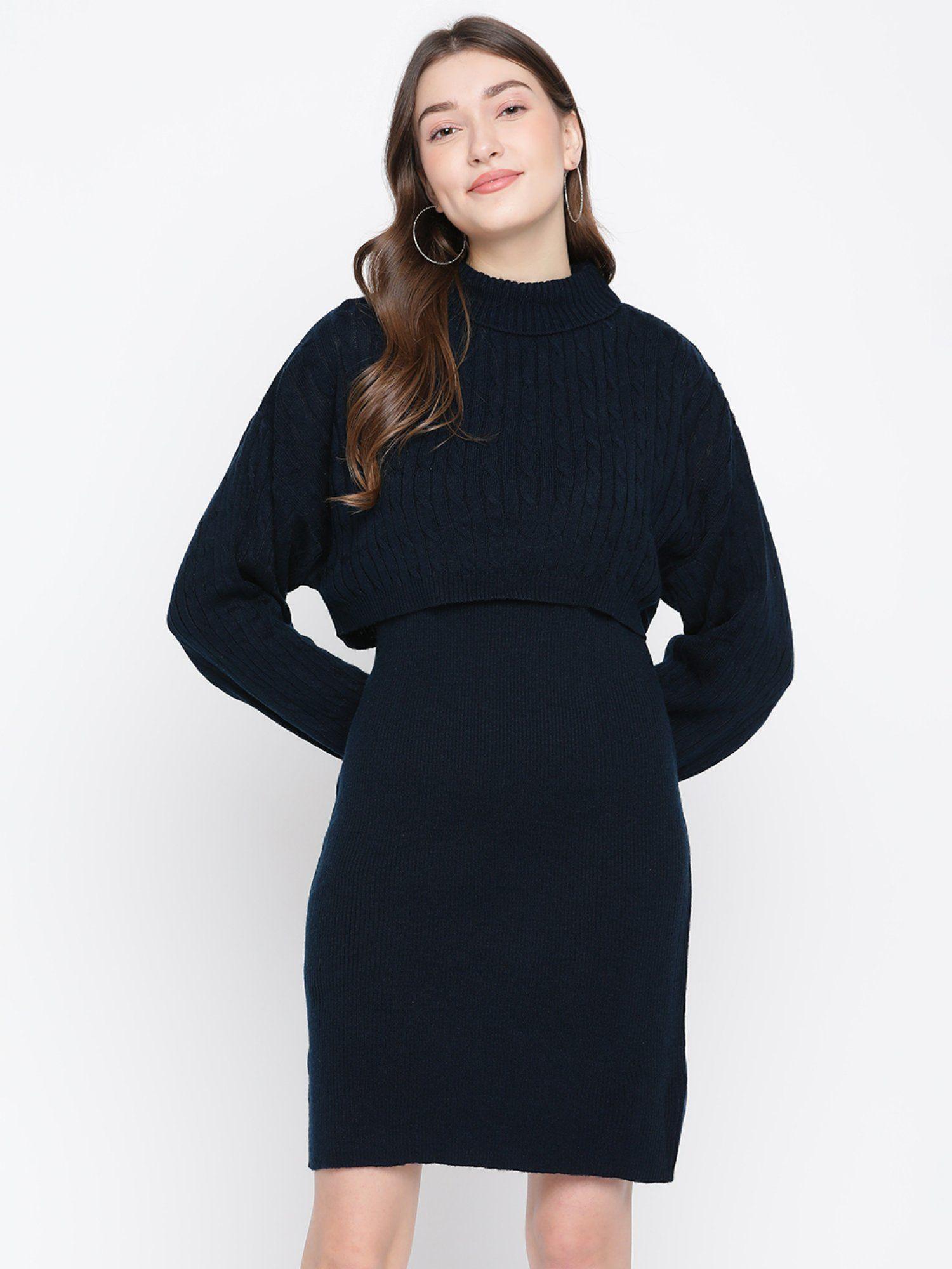 women blue textured full sleeve dress