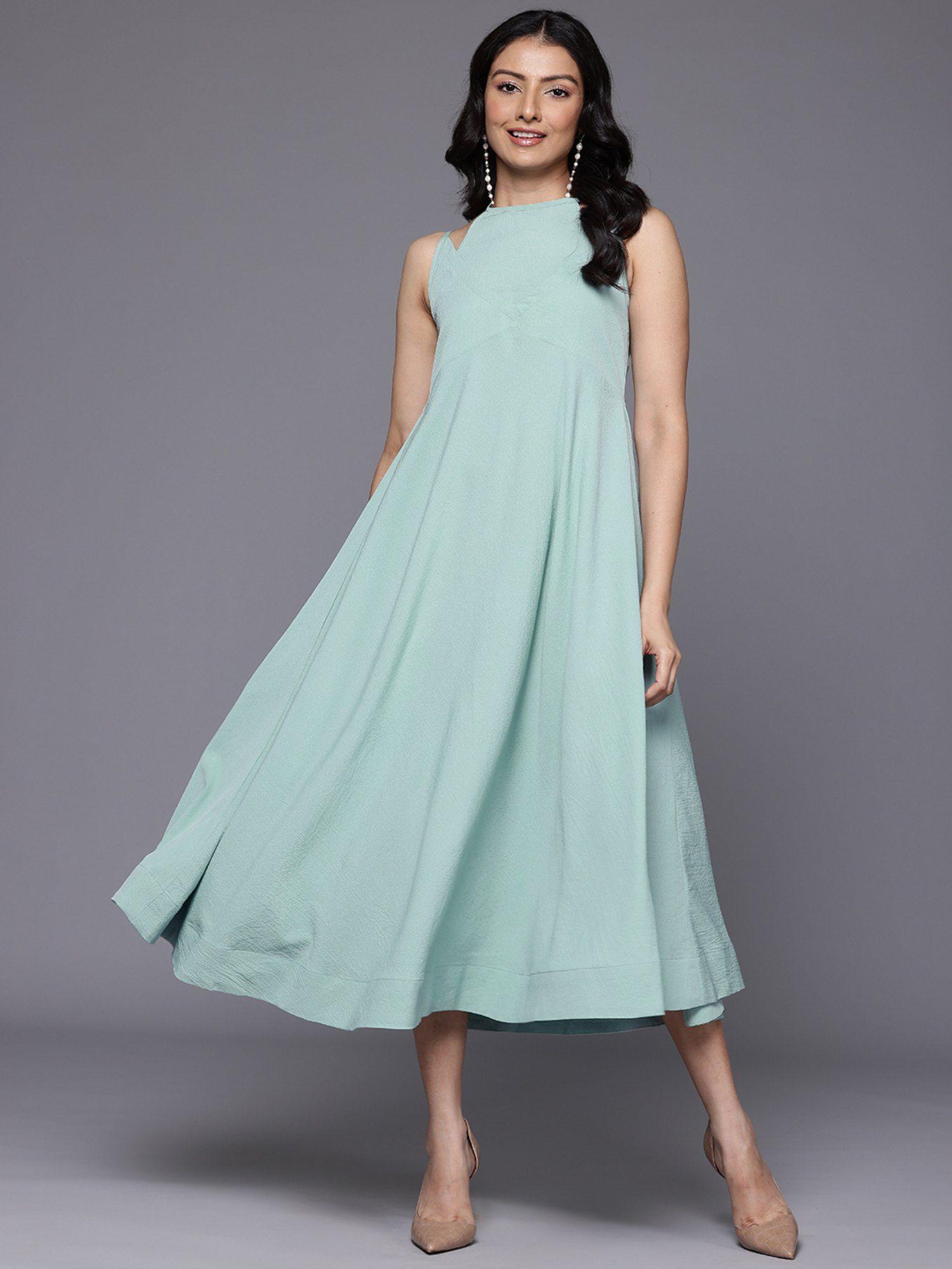 women blue tie up detailed in back & strap style flare dress