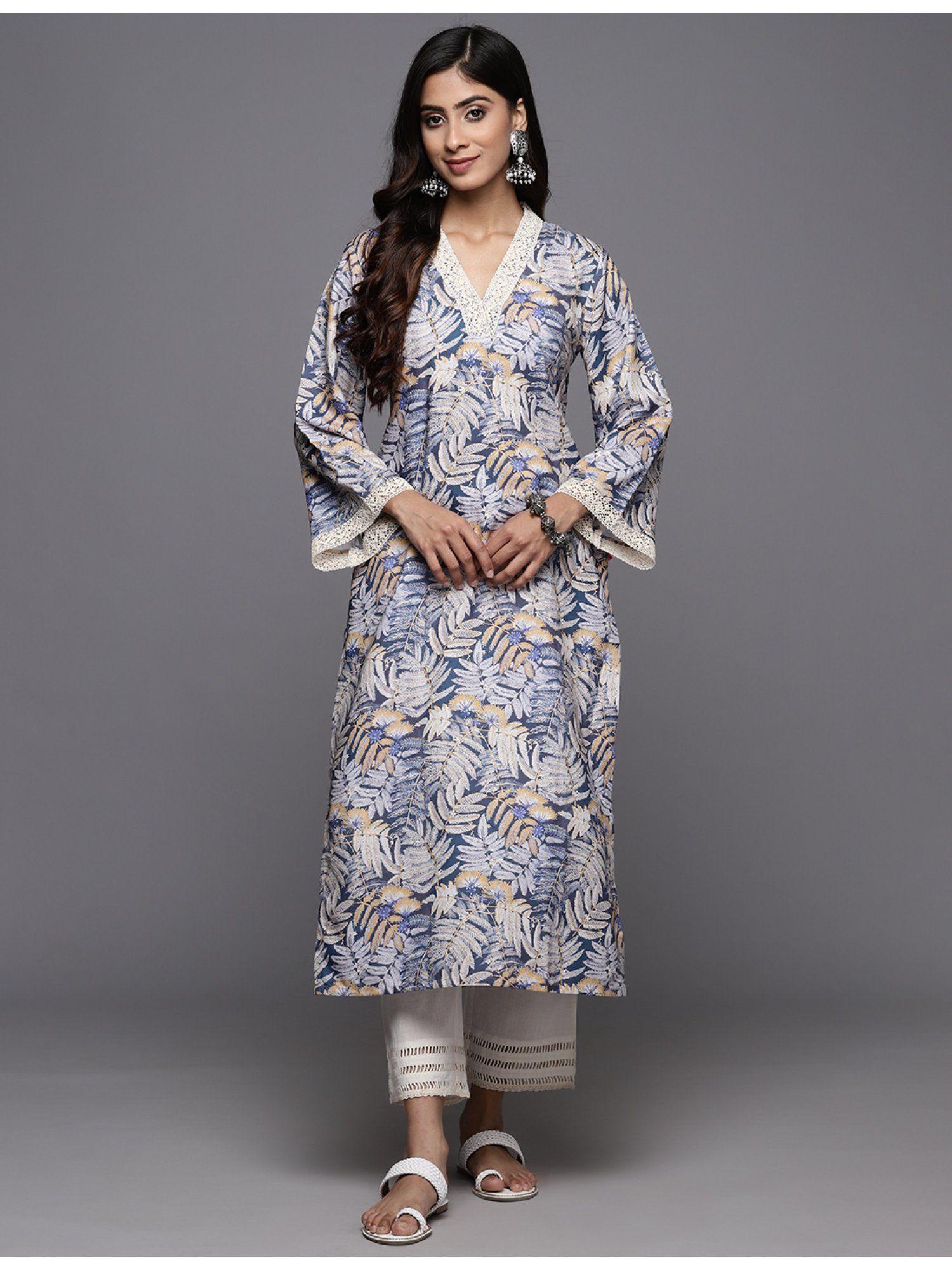 women blue tropical printed v-neck bell sleeves straight kurta