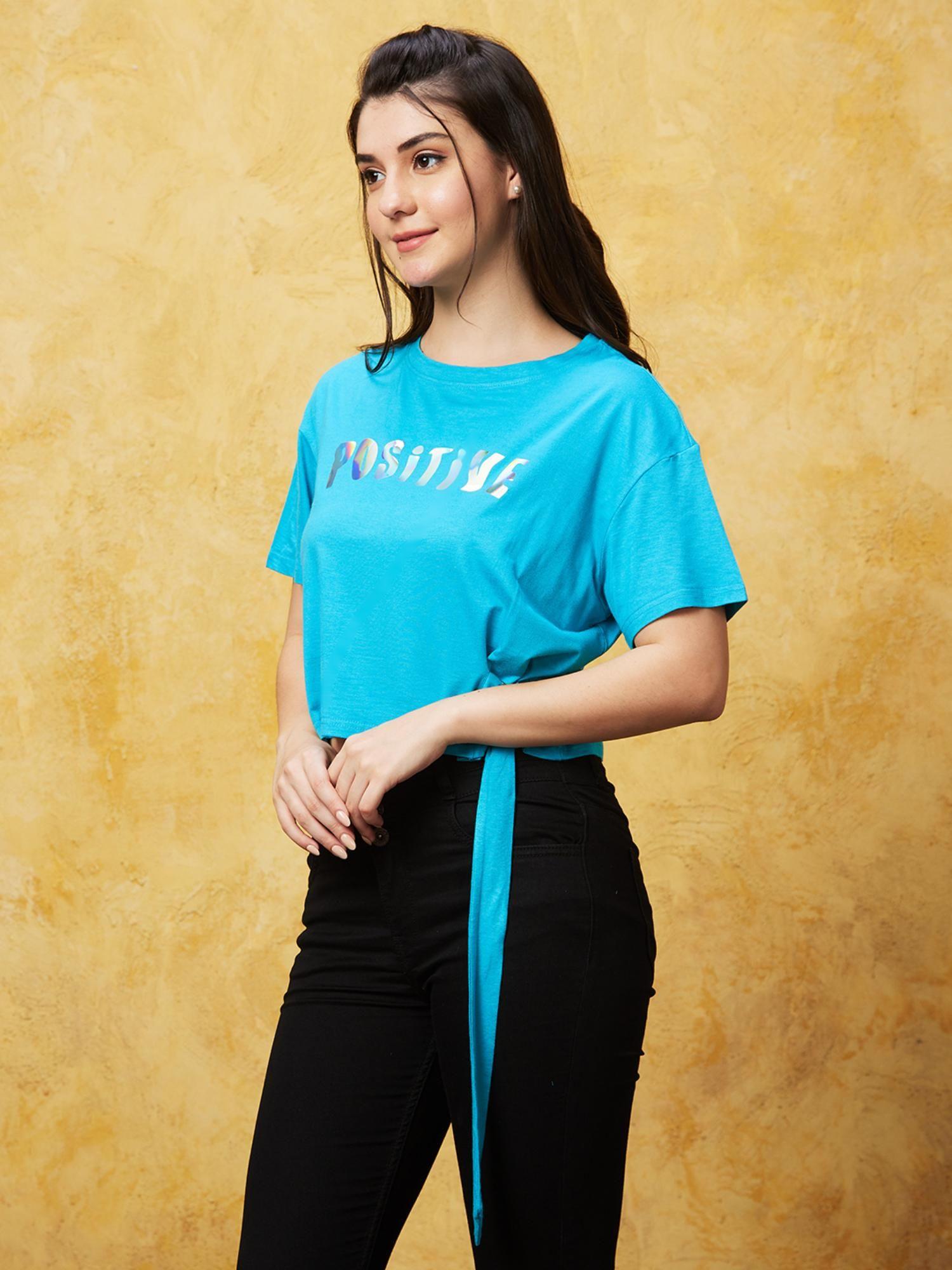 women blue typography print boxy fit t-shirt