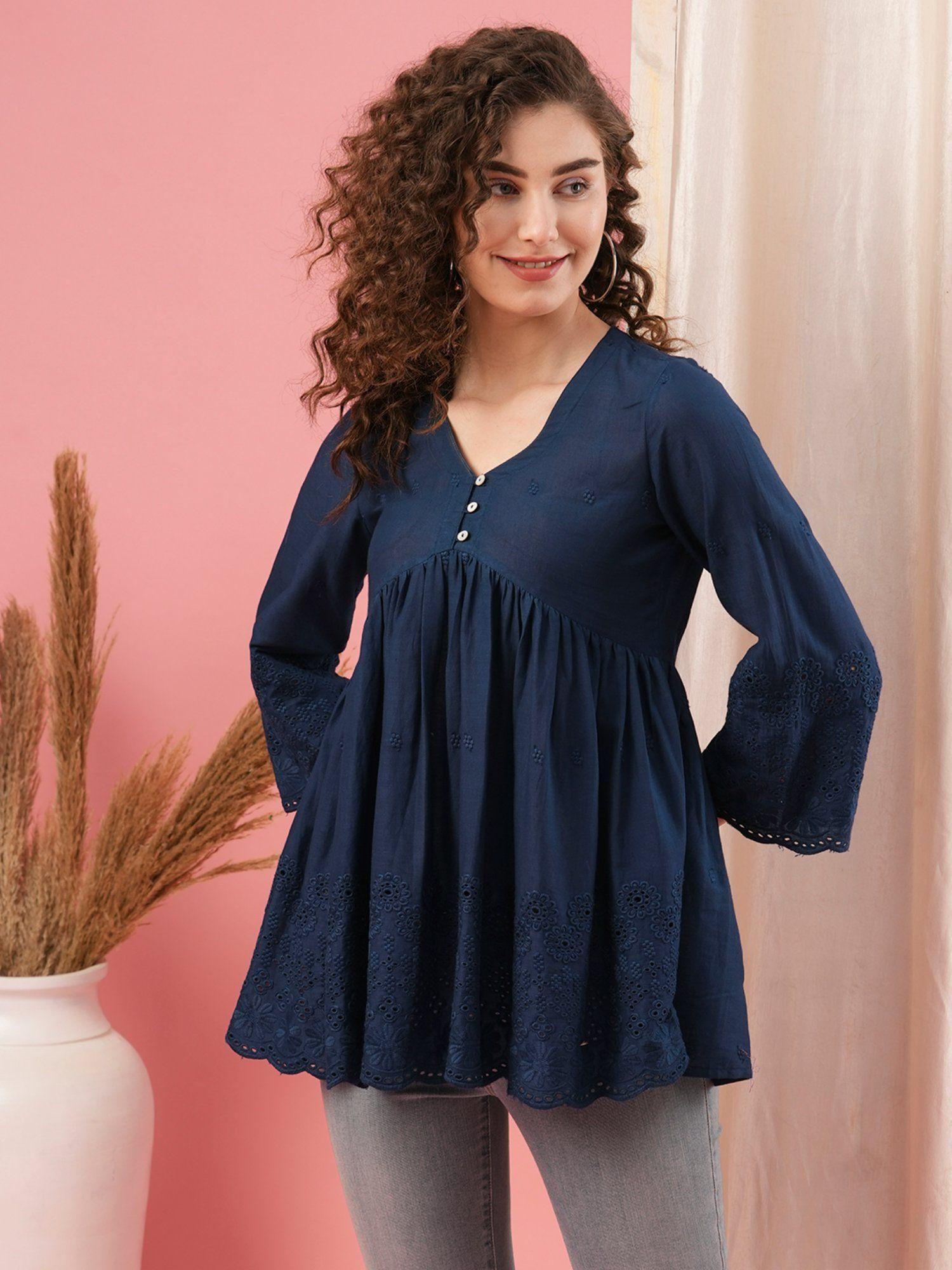 women blue v-neck 3/4th sleeves schiffle a-line tunic top