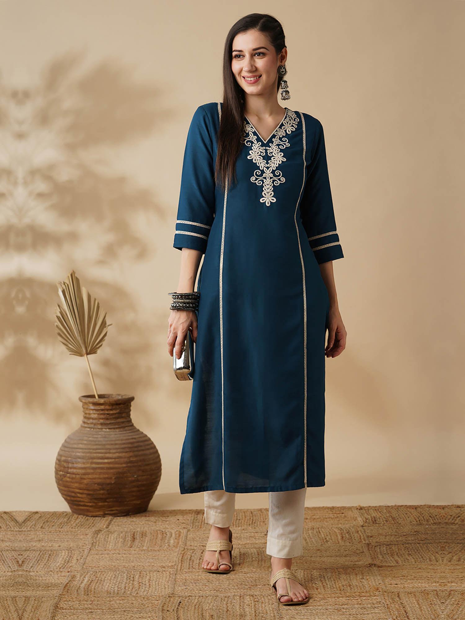 women blue v-neck embroidered yoke panelled lace insert straight workwear kurta