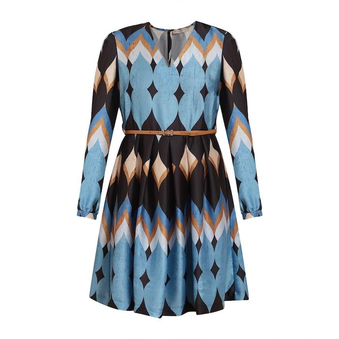 women blue v-neck ethnic print short dress