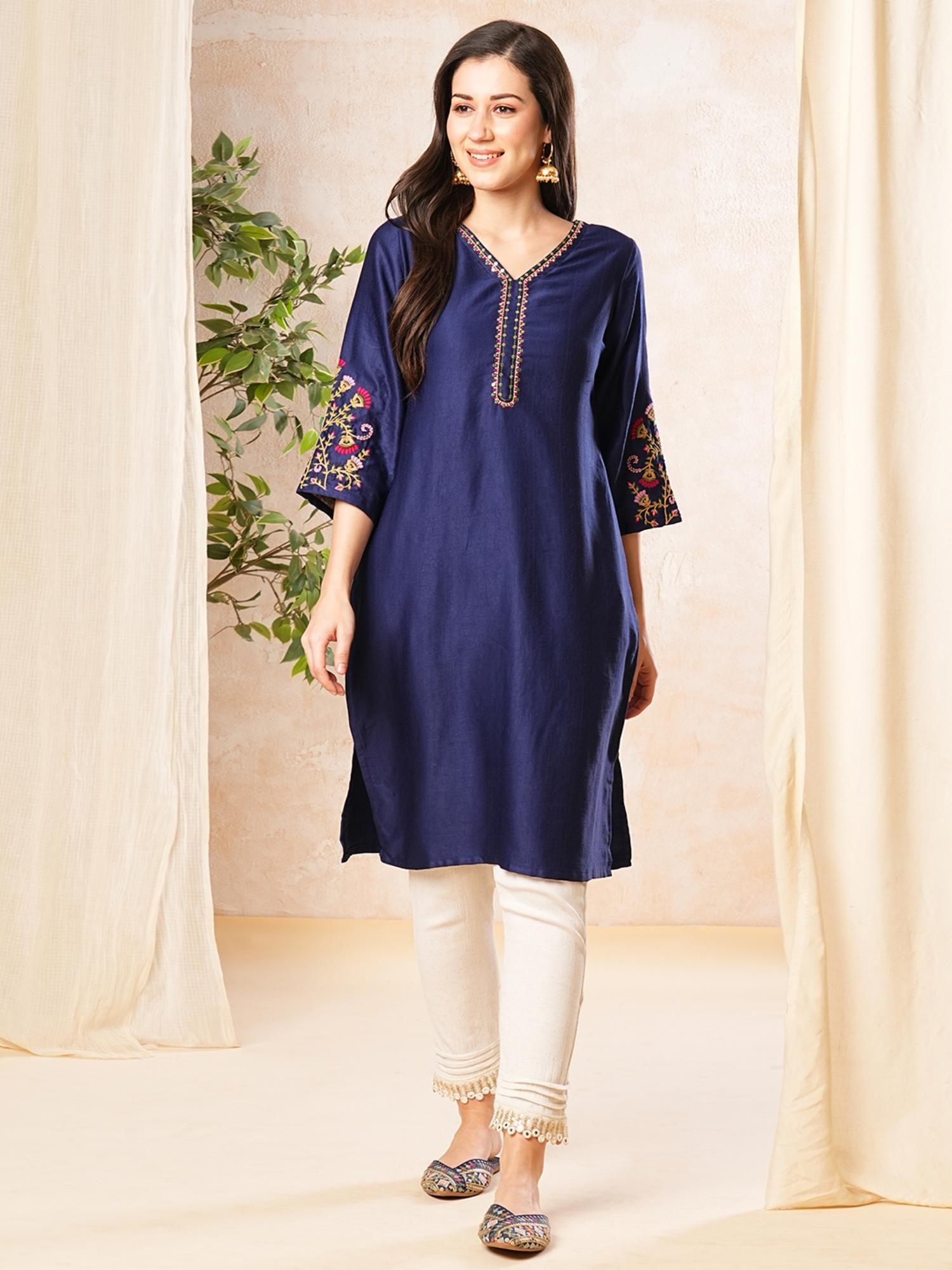 women blue v-neck floral embroidery bell sleeve a-line kurta