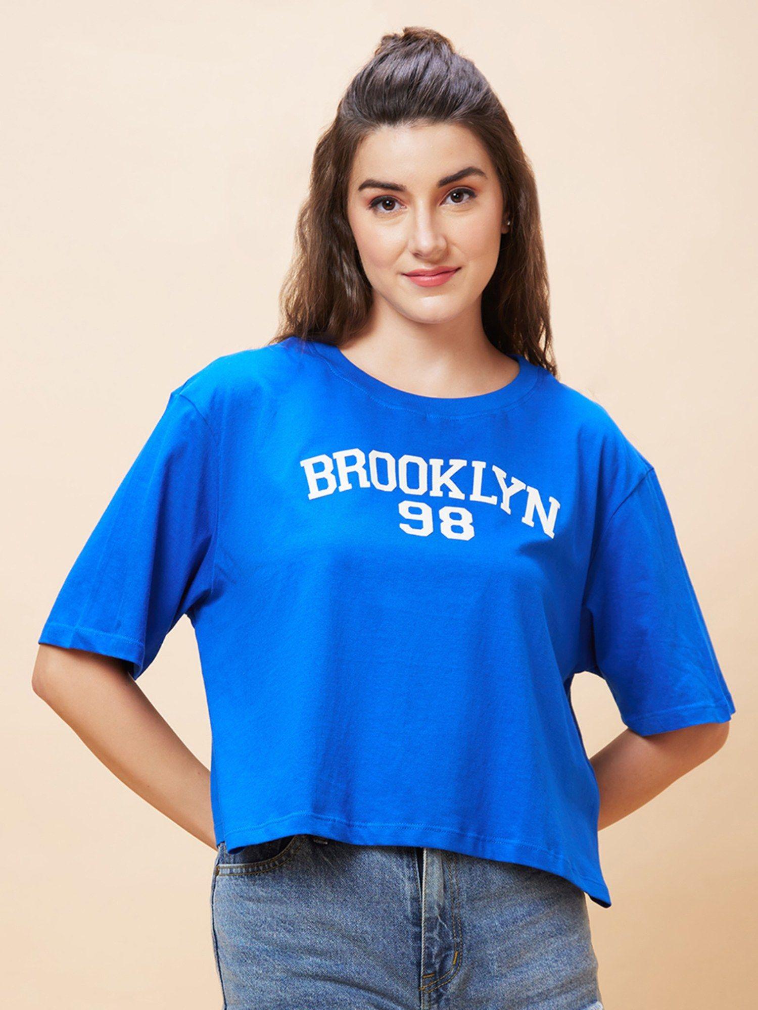 women blue varsity typography print round neck casual boxy fit crop t-shirt