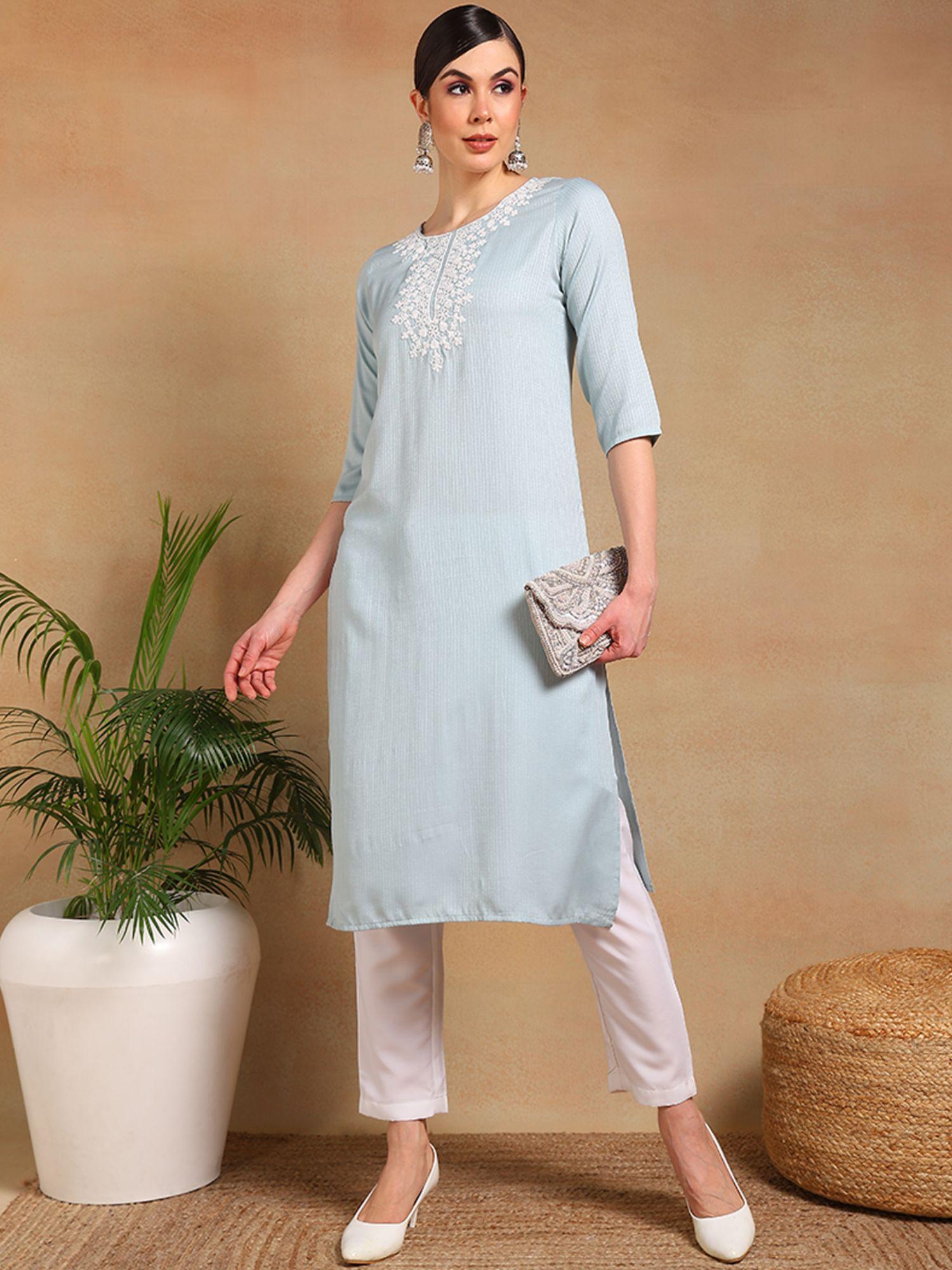 women blue viscose rayon solid embroidered straight kurta