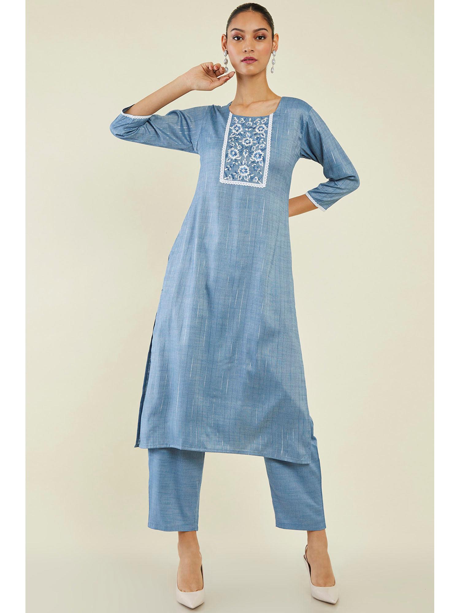 women blue viscose stripes kurta (set of 2)