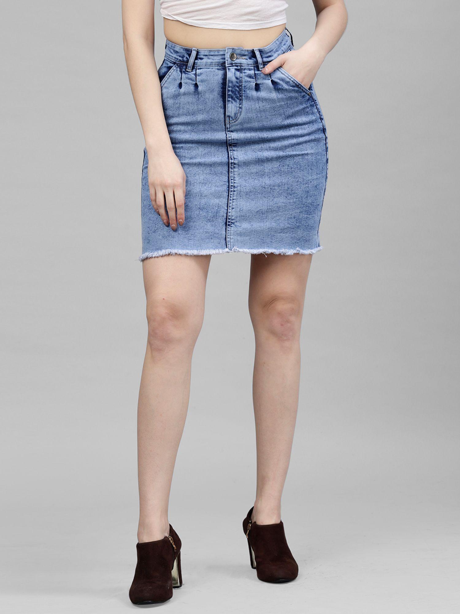 women blue washed denim a line mini skirt