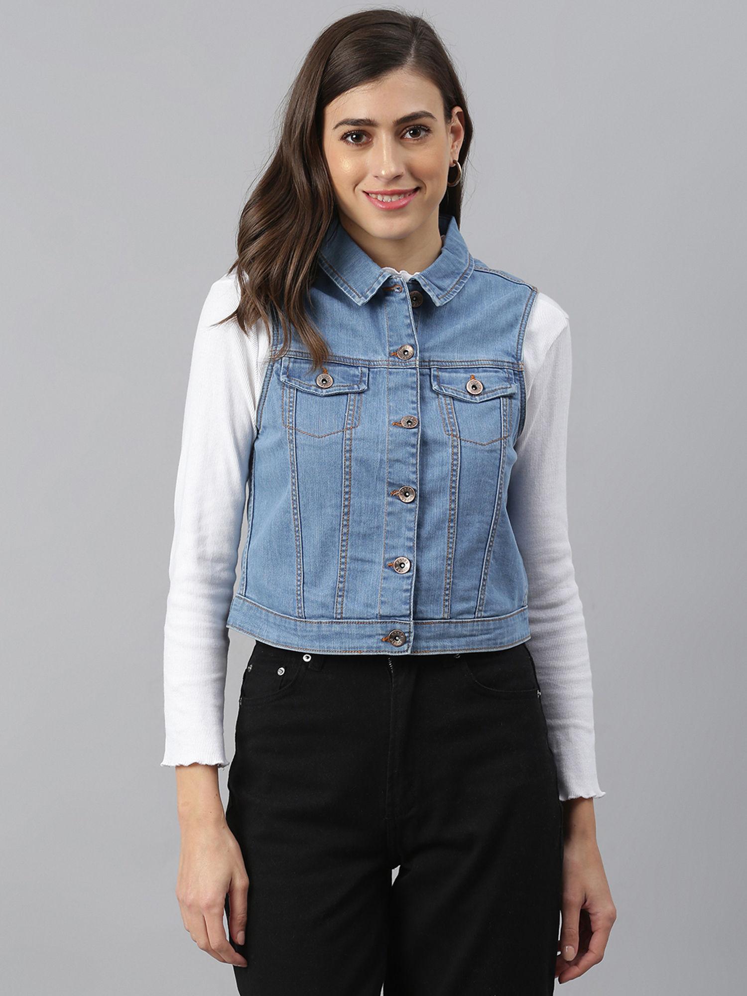 women blue washed outdoor denim jacket