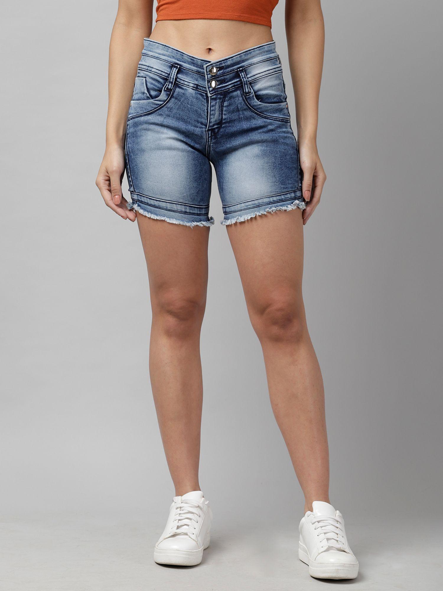 women blue washed regular fit denim shorts