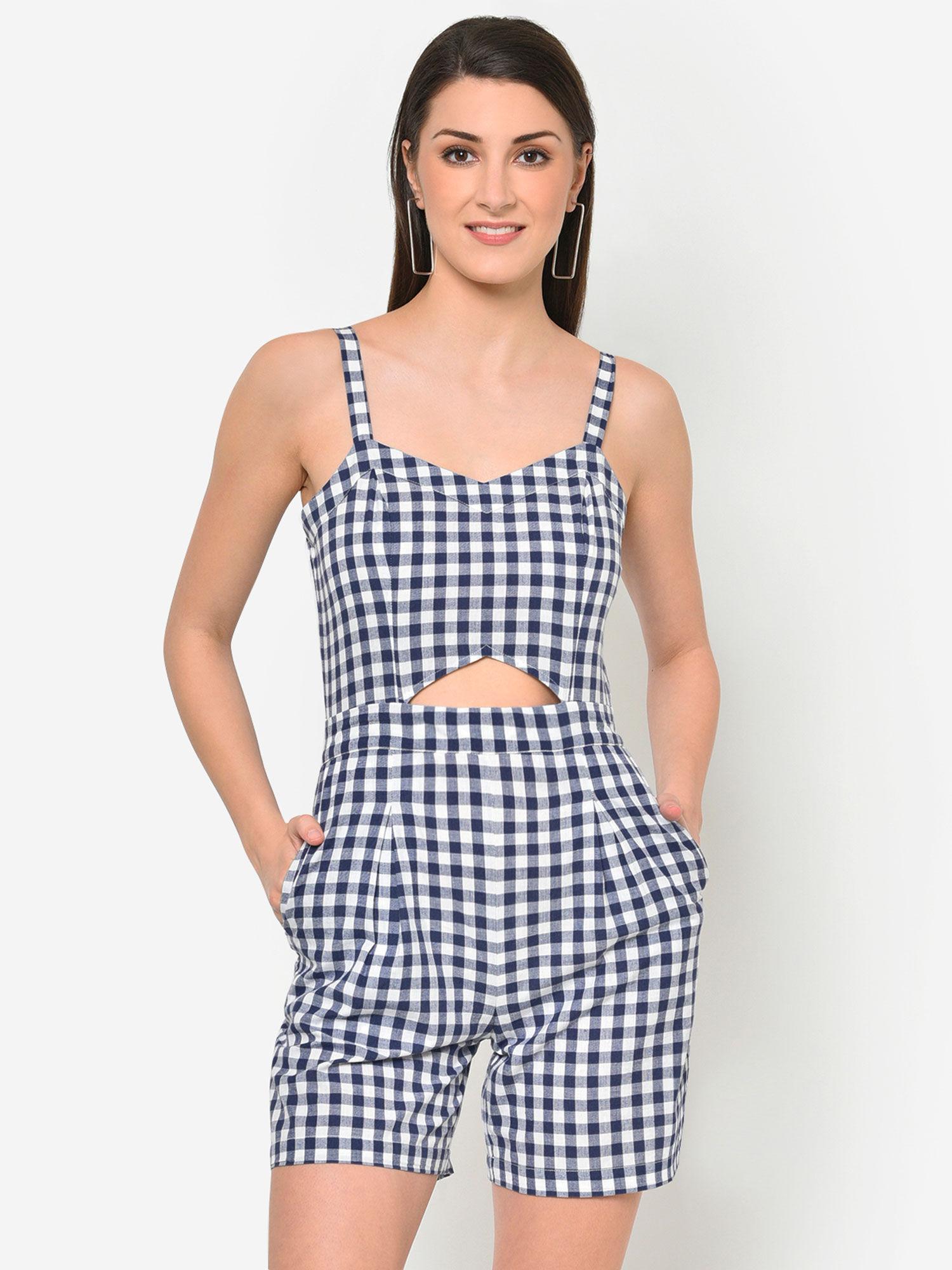 women blue white checks waist cut-out playsuit