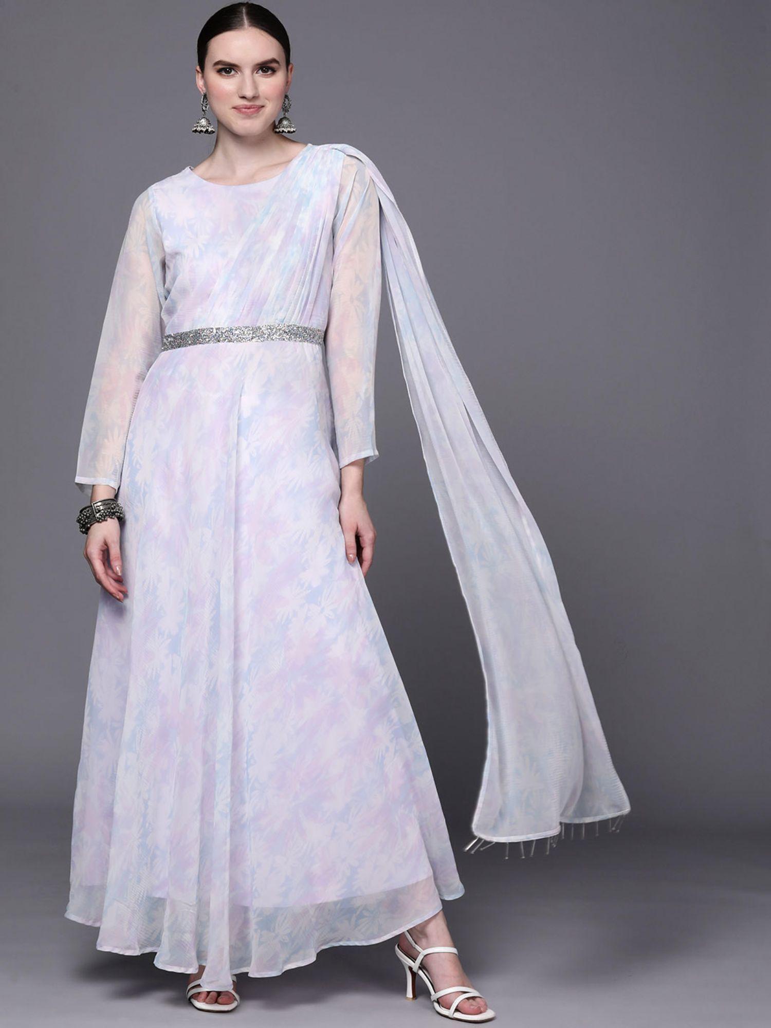 women blue white floral fit flare maxi ethnic dress