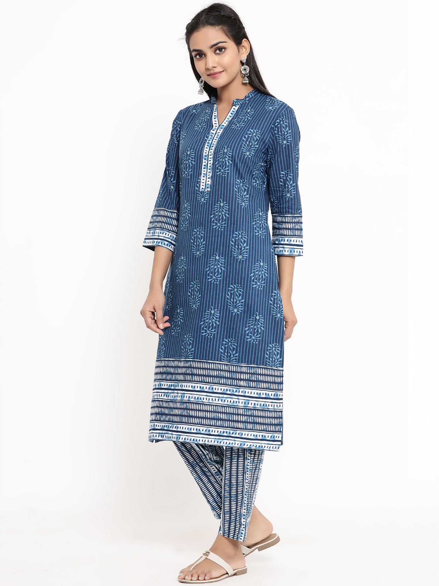 women blue white floral printed floral kurta