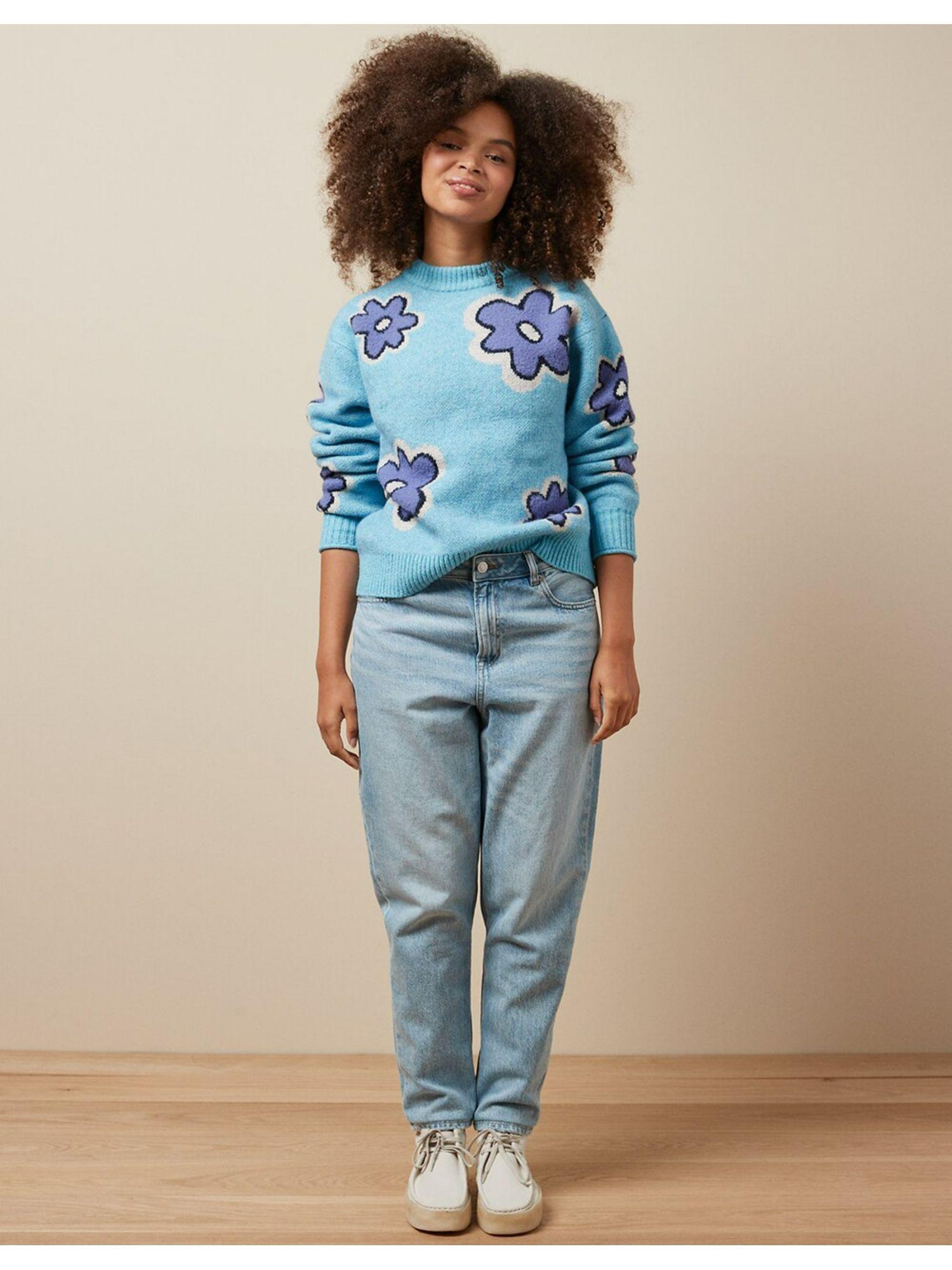 women blue whoa so soft floral crewneck sweater