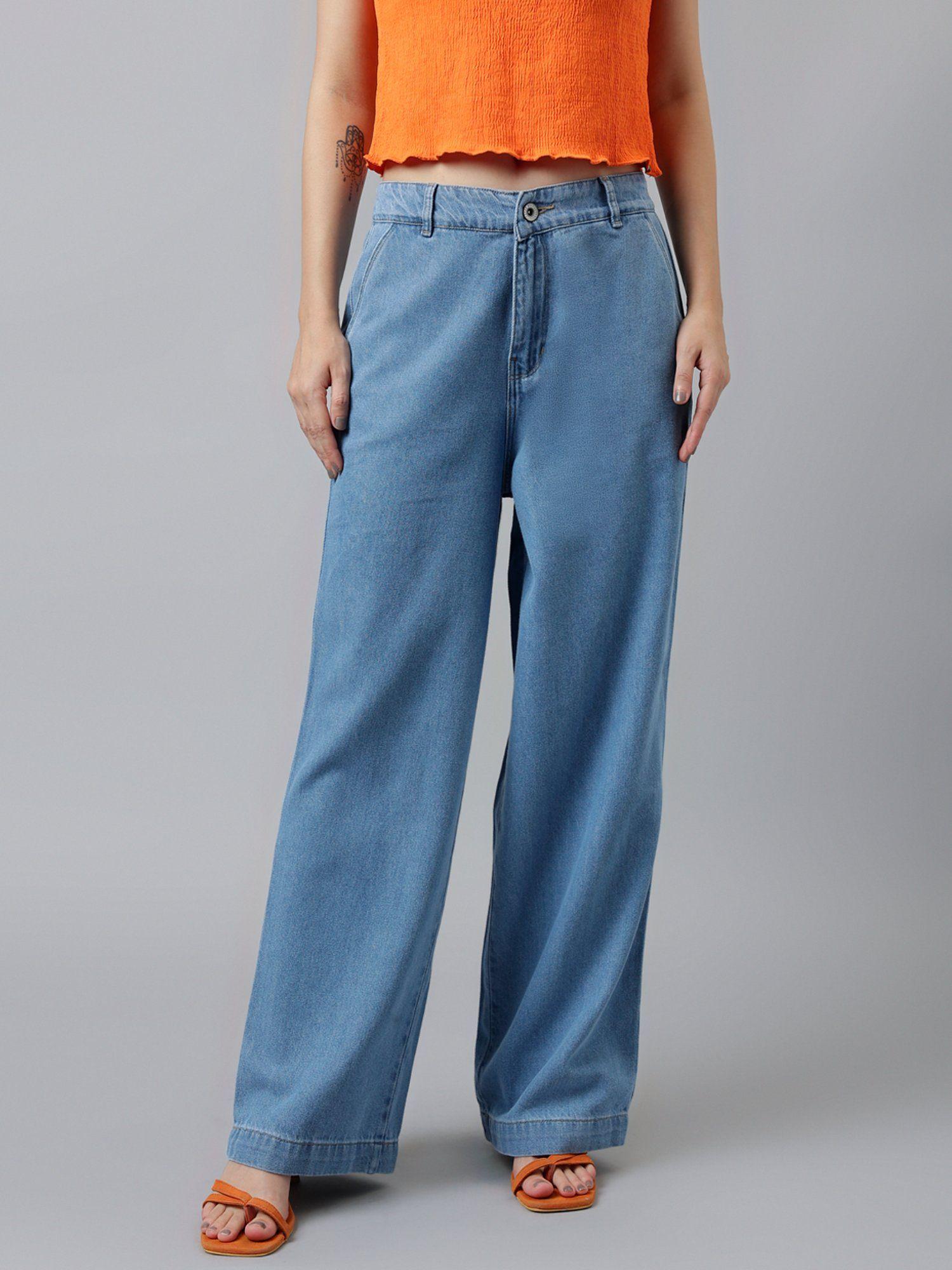 women blue wide leg high rise cotton denim trouser