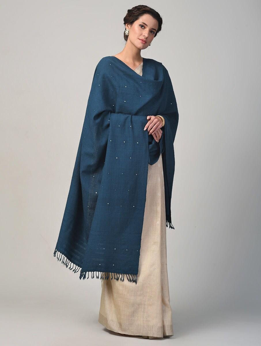 women blue wool bhujodi shawls