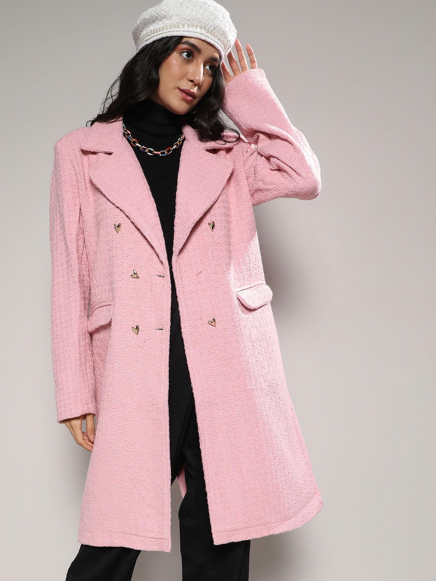 women blush pink double-breasted self-design long coat