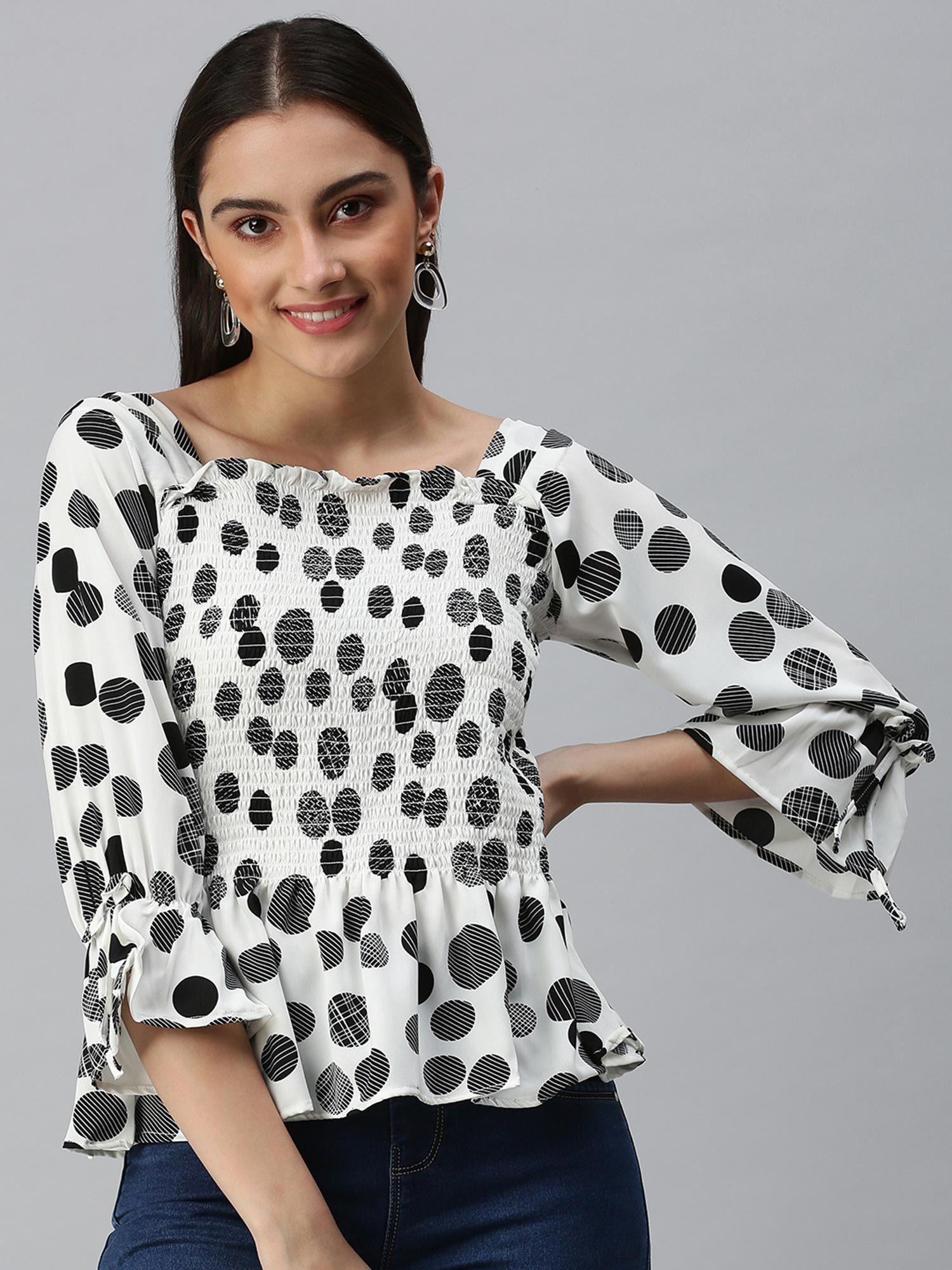 women boat neck bell sleeves polka dot white top