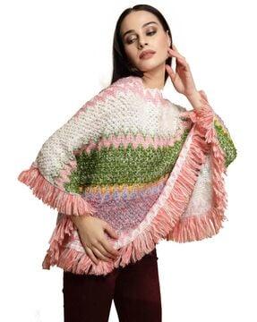 women boat-neck poncho with tassels