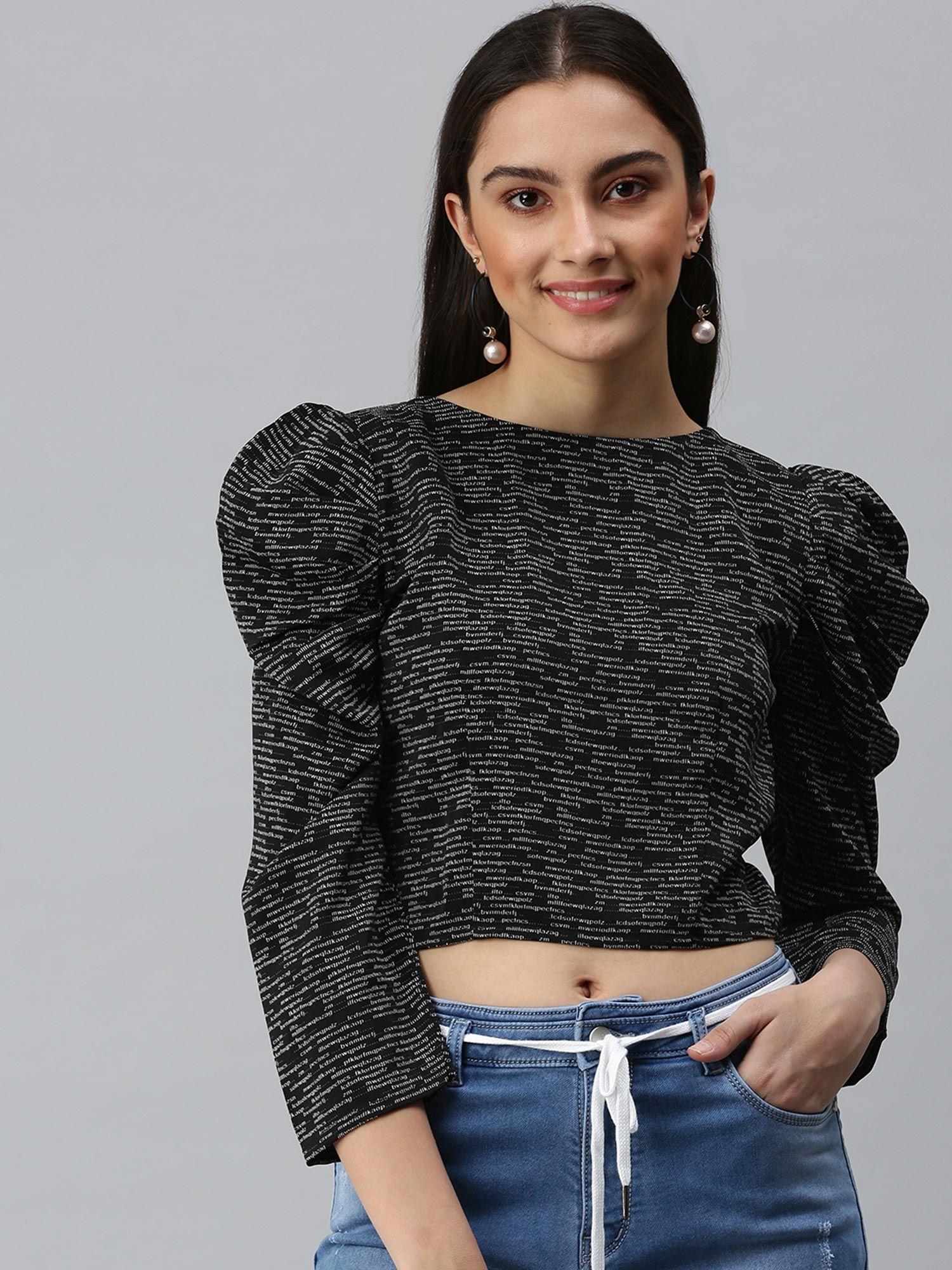 women boat neck puff sleeves printed black crop top