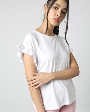 women boat-neck t-shirt with ruffle sleeves