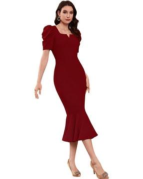 women bodycon dress with puff sleeves
