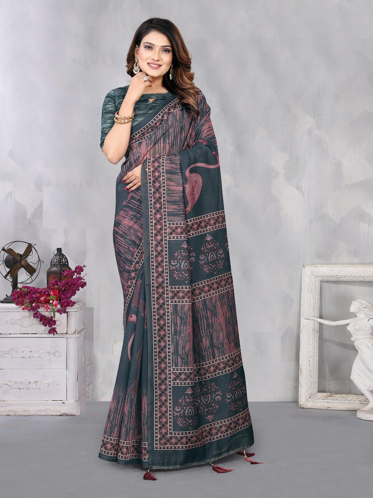 women bollywood styled ajrakh printed cotton blend saree with unstitched blouse