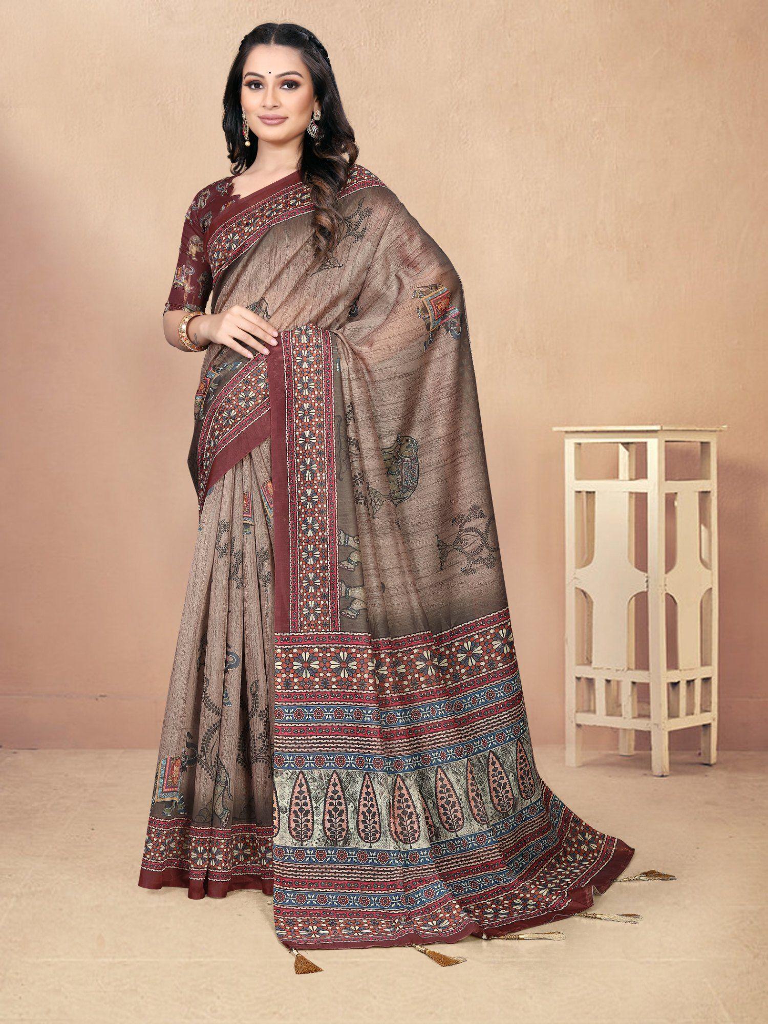 women bollywood wedding wear cotton blend saree brown with unstitched blouse