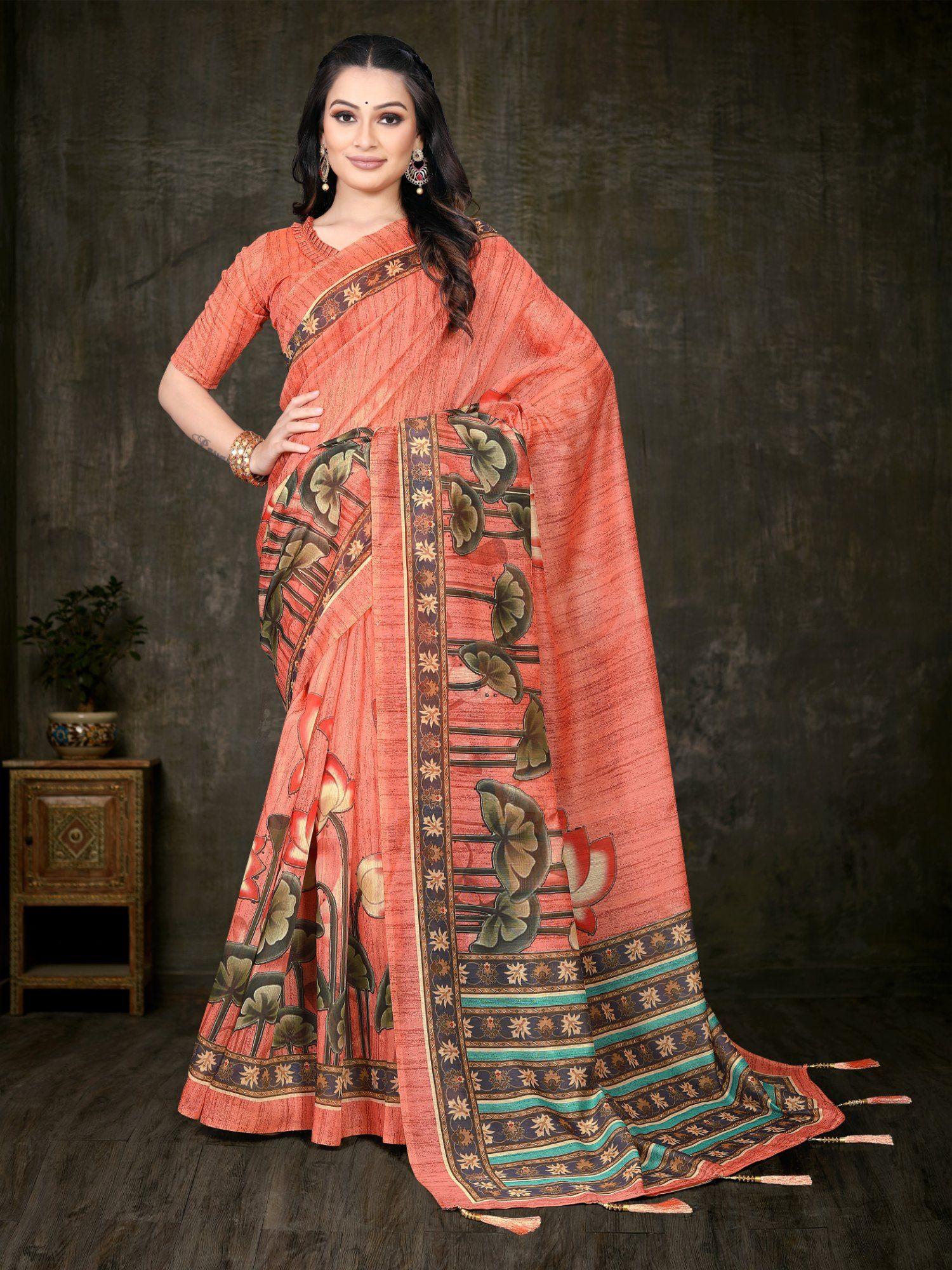 women bollywood wedding wear cotton blend saree orange with unstitched blouse